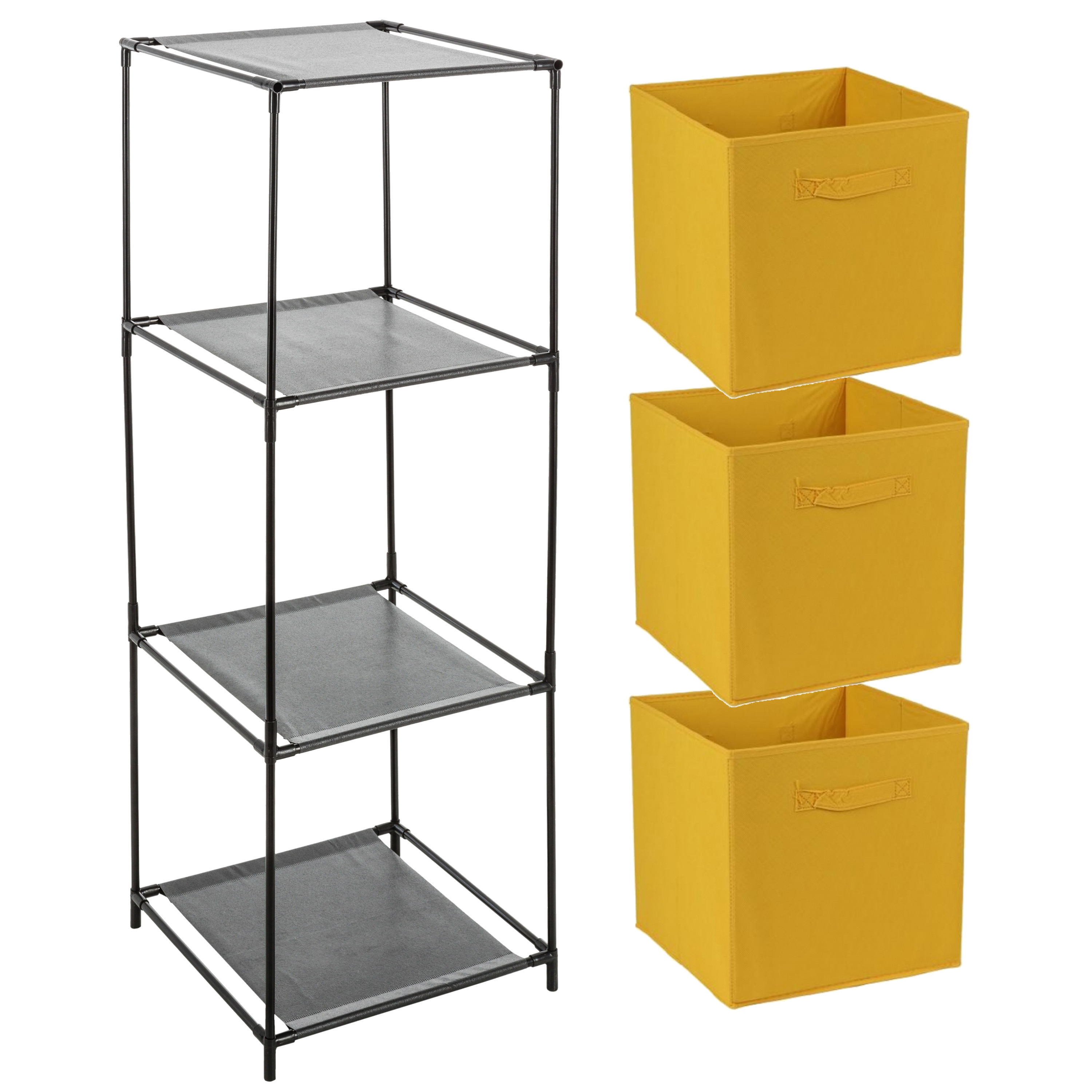 Opbergrek 3-laags - metaal - kunststof - zwart - 34 x 98 cm - incl. 3 opbergmanden oker geel -