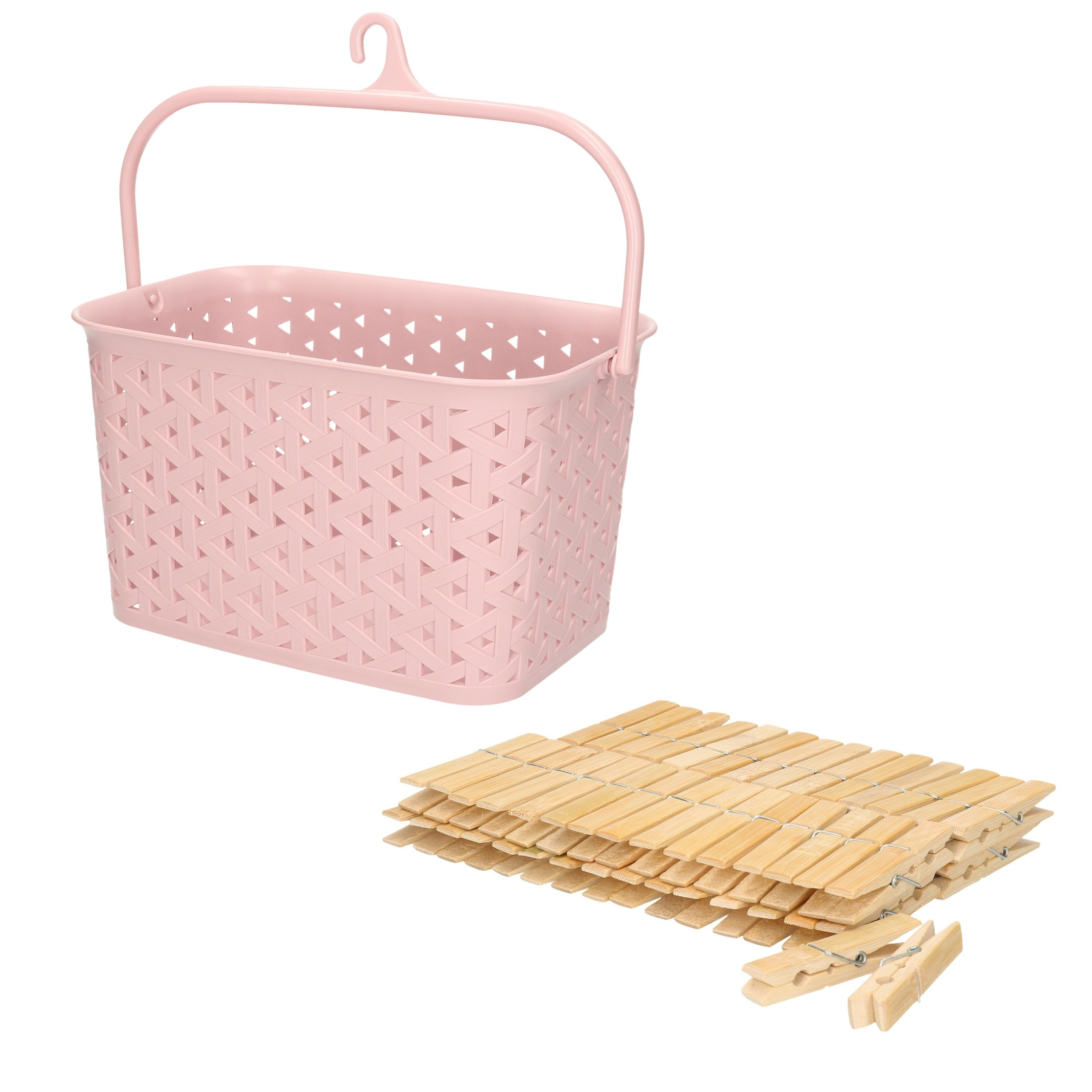 Wasknijpers ophangmandje met haak - roze - en 60x houten wasknijpers van 7 cm -