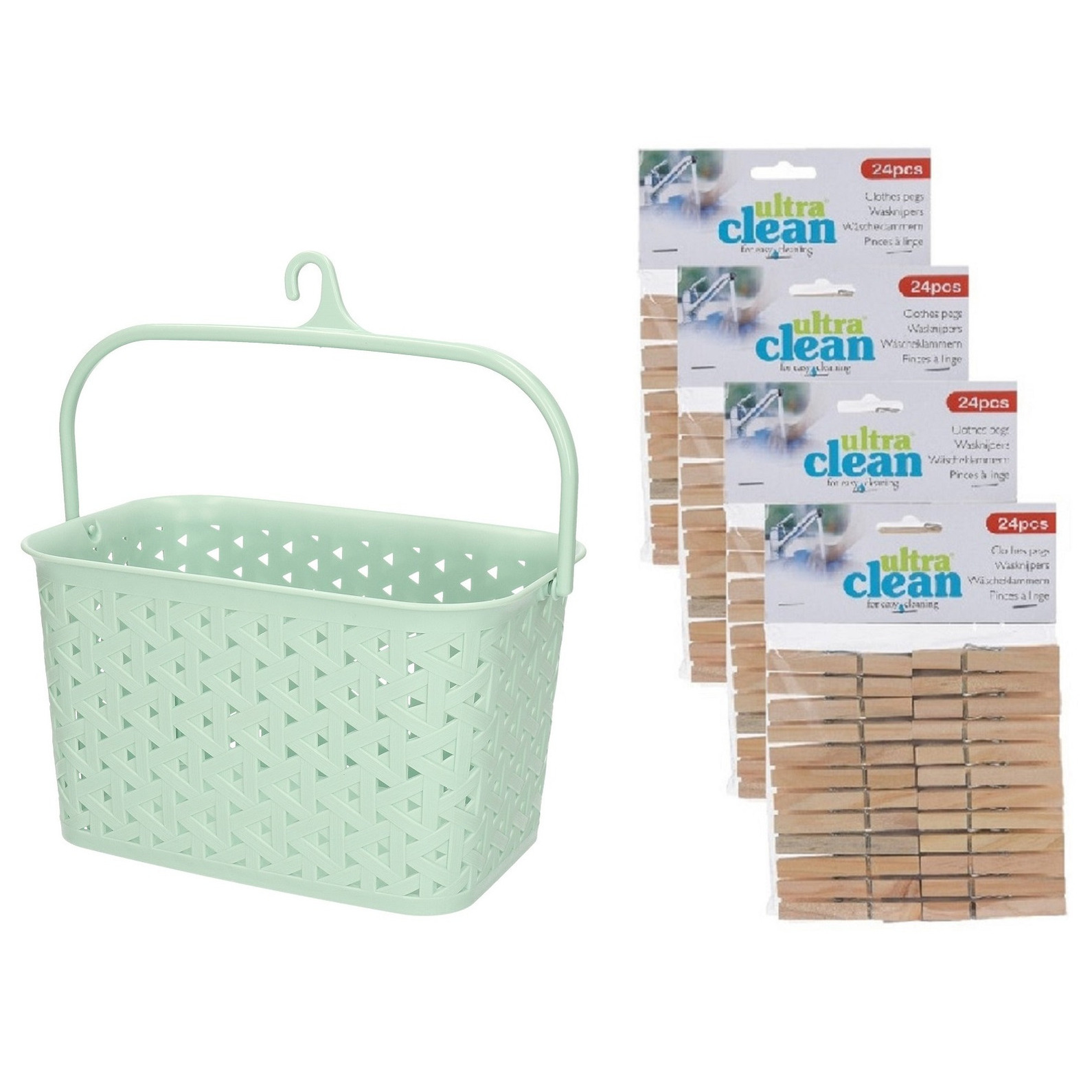 Wasknijpers ophangmandje met haak - mintgroen - en 96x houten wasknijpers van 7 cm -