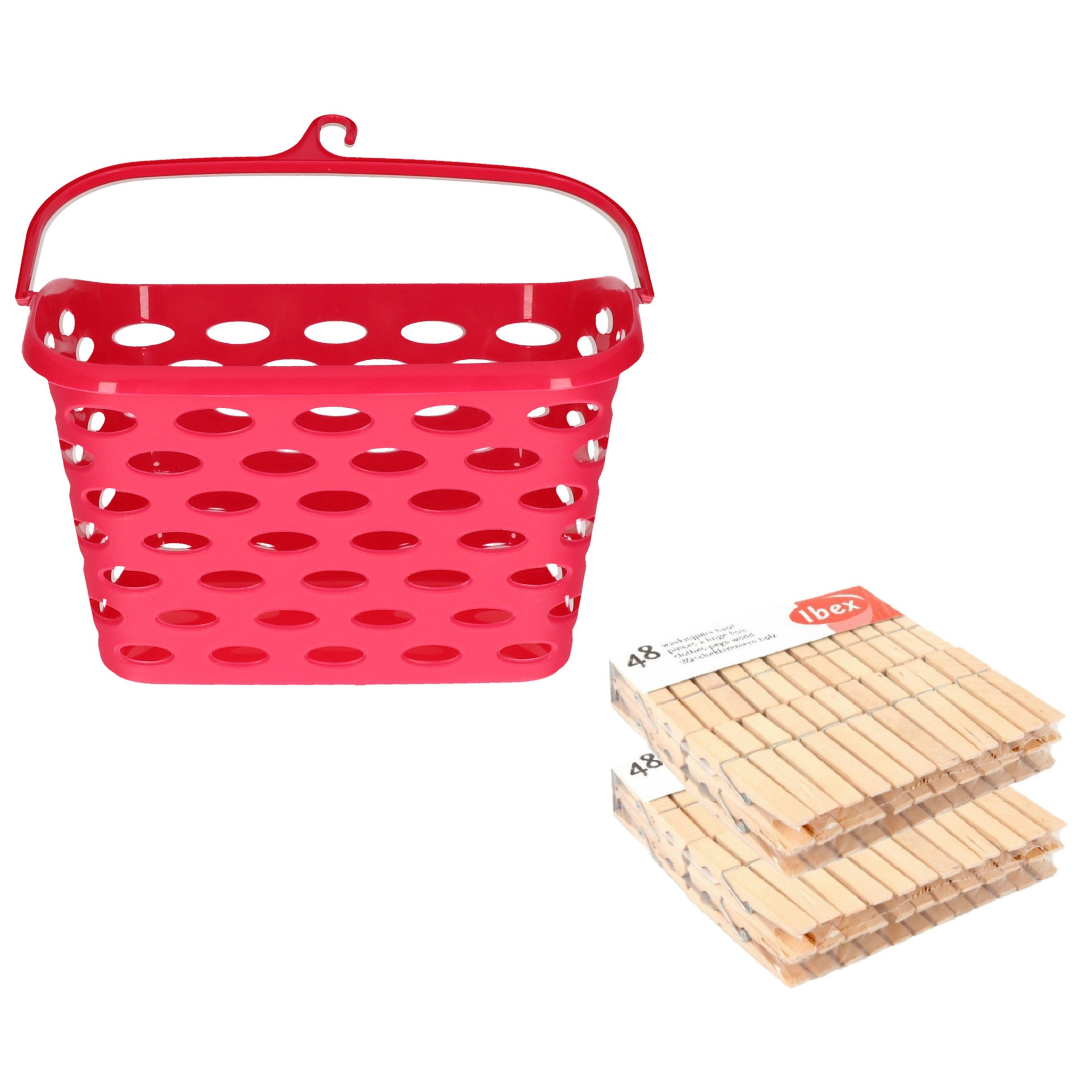 Wasknijpers ophangmandje met haak - fuchsia - en 96x houten wasknijpers van Sorbo -