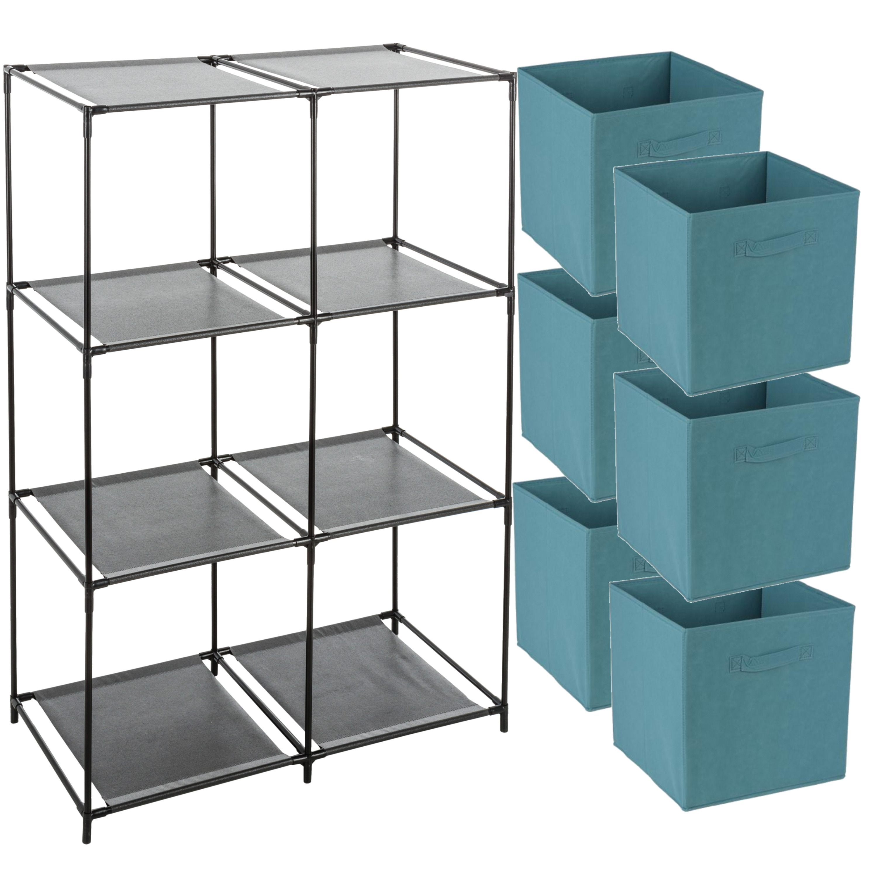 Opbergrek 3-laags - metaal - kunststof - zwart - 68 x 98 cm - incl. 6 opbergmanden petrol blauw -