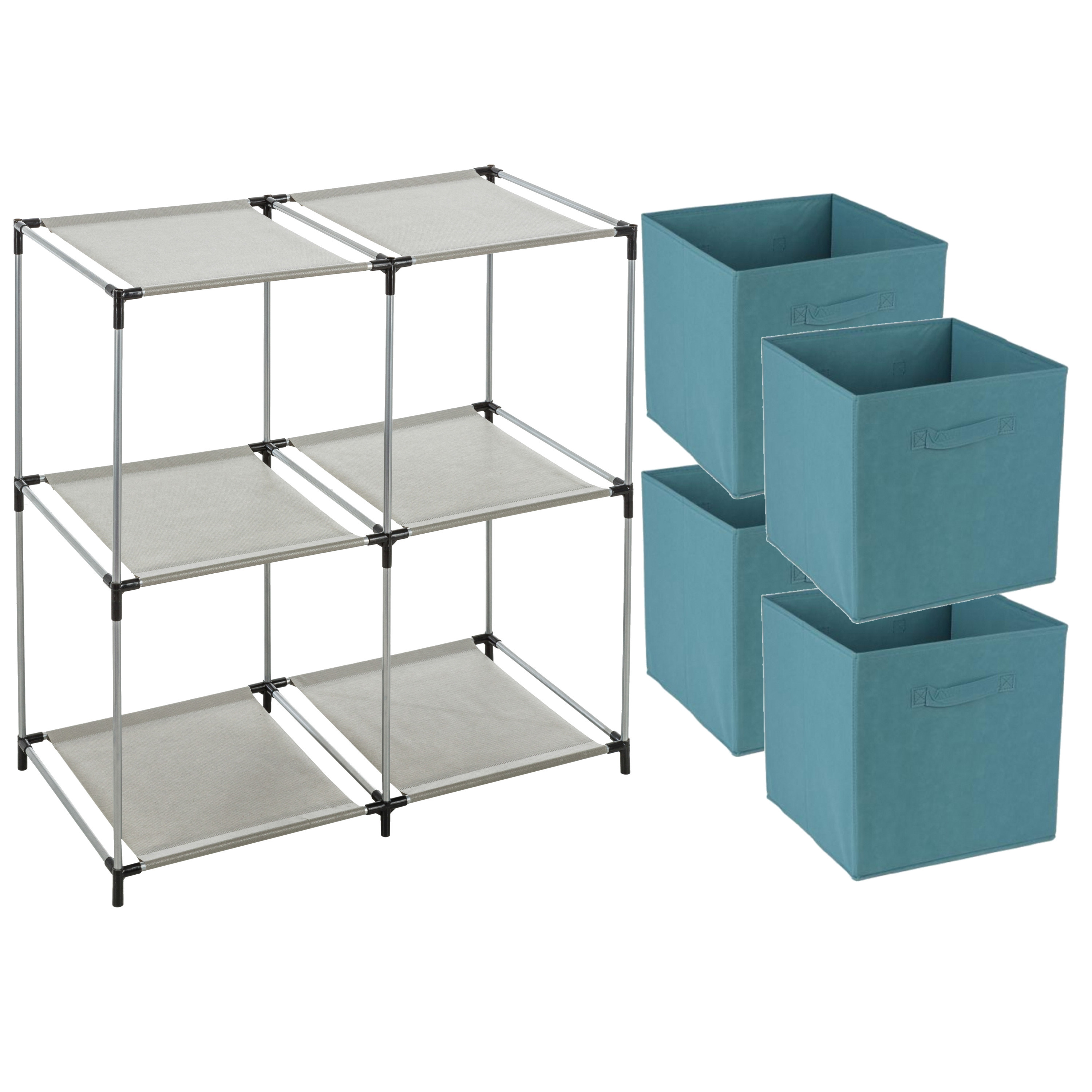 Opbergrek 2-laags - metaal - kunststof - grijs - 67 x 68 cm - incl. 4 opbergmanden petrol blauw -