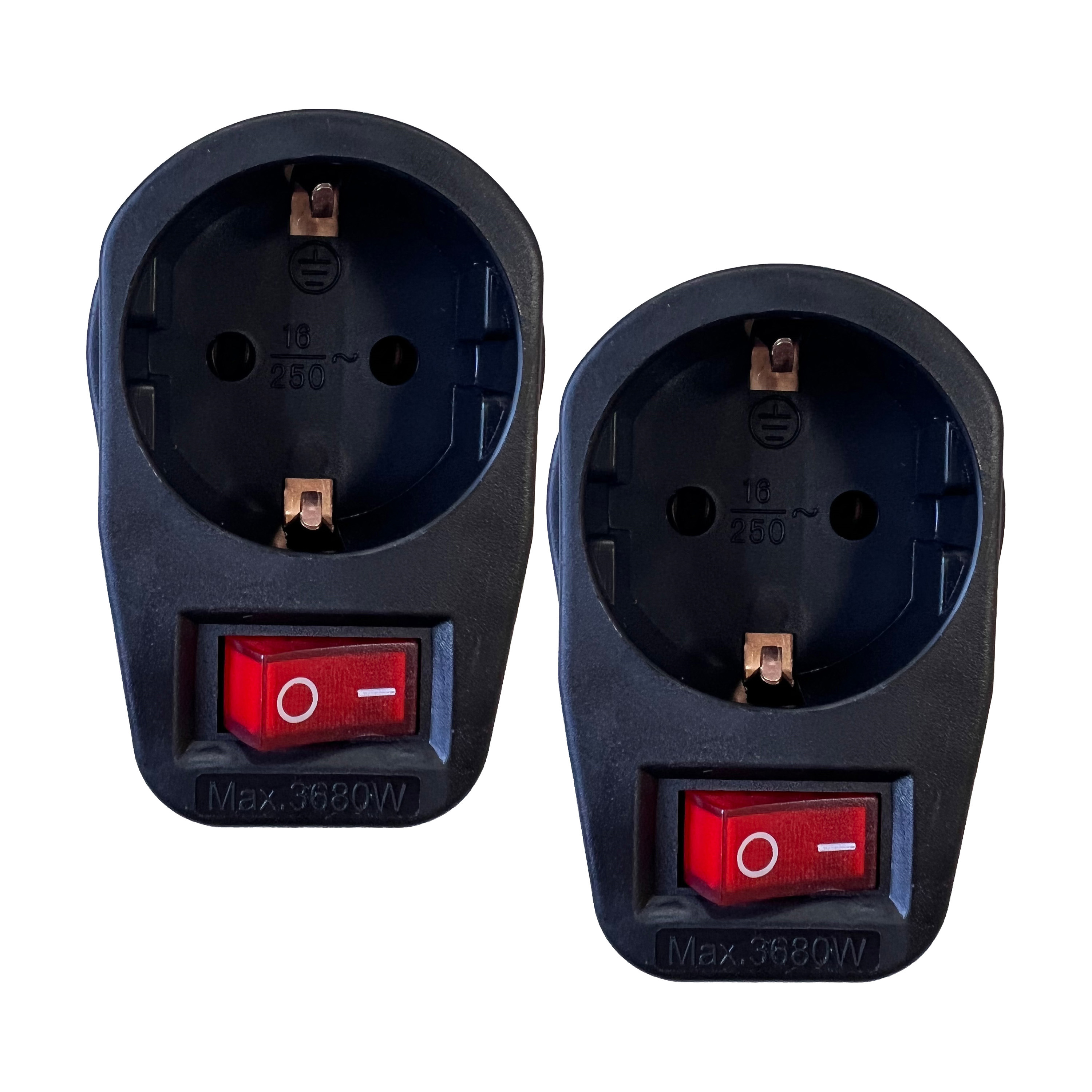 Stopcontact adapter - 2x - zwart - met randaarde en schakelaar - verdeelstekkers -