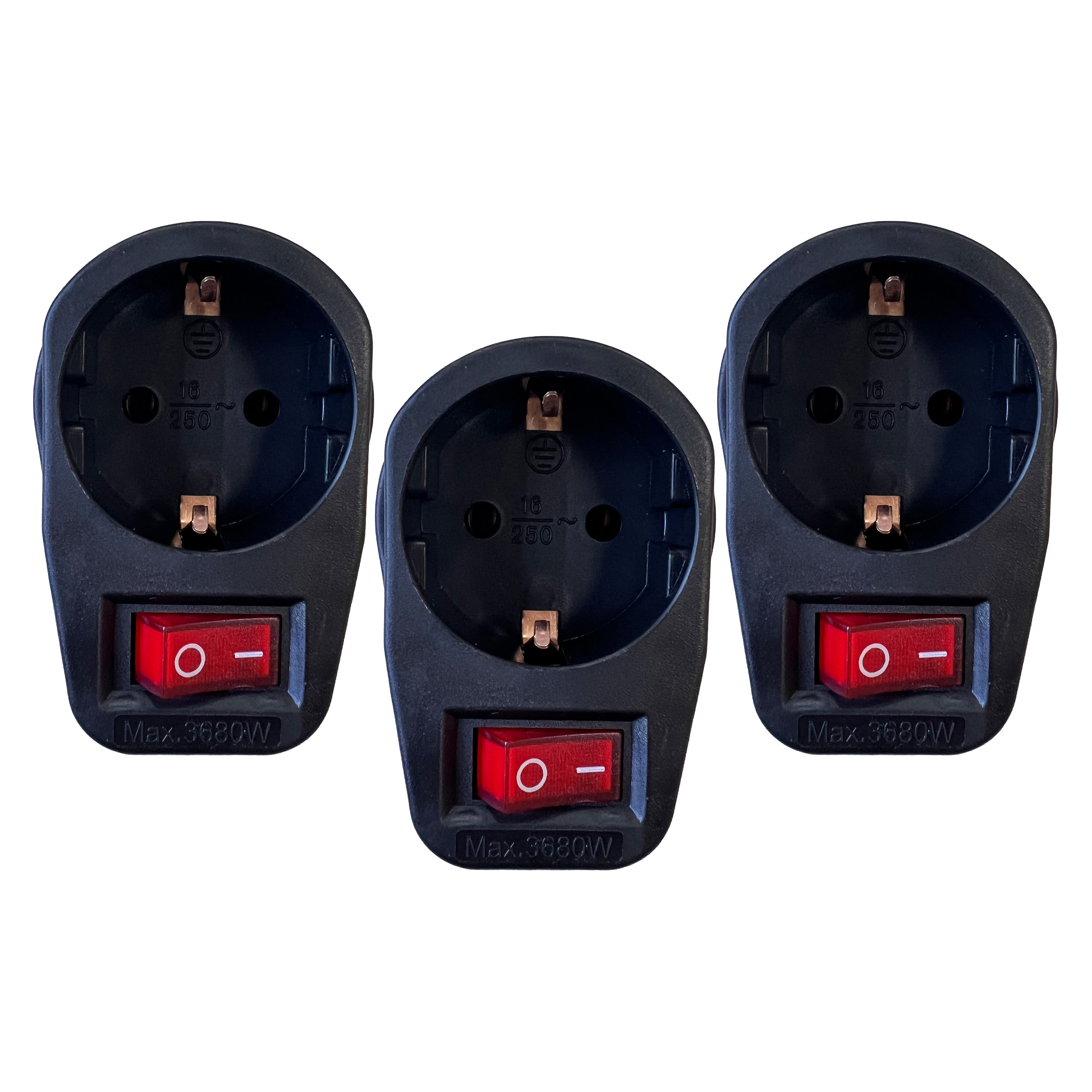 Stopcontact adapter - 3x - zwart - met randaarde en schakelaar - verdeelstekkers -