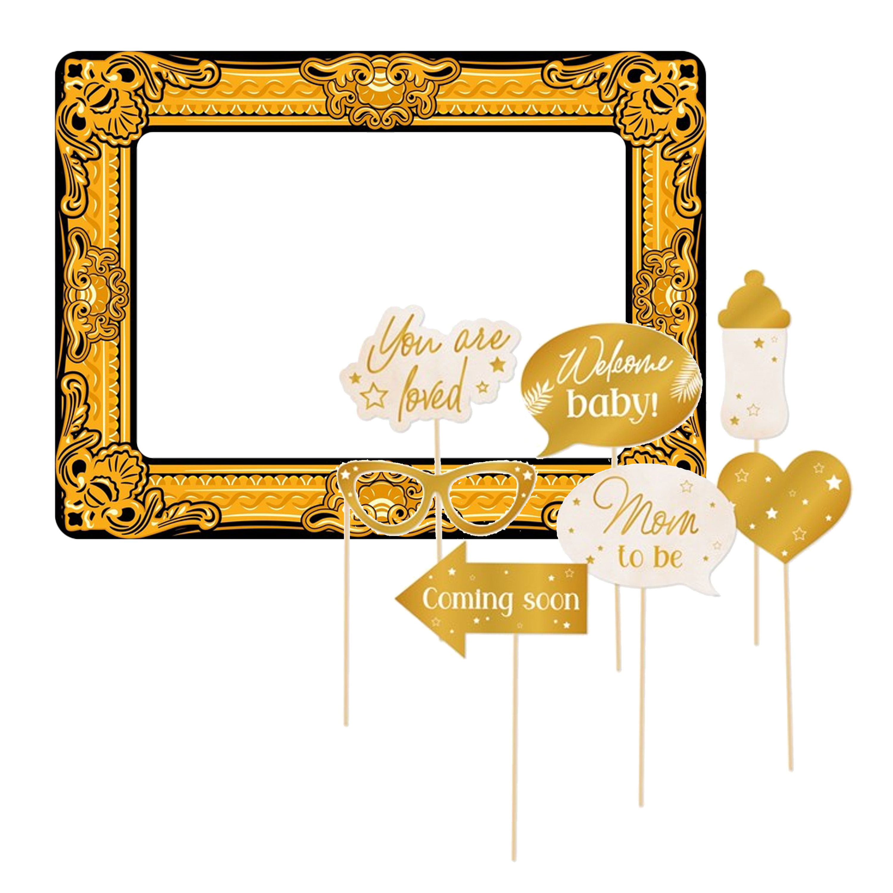 Babyshower foto prop set met frame - 8-delig - opblaasbare fotolijst - photo booth accessoires -