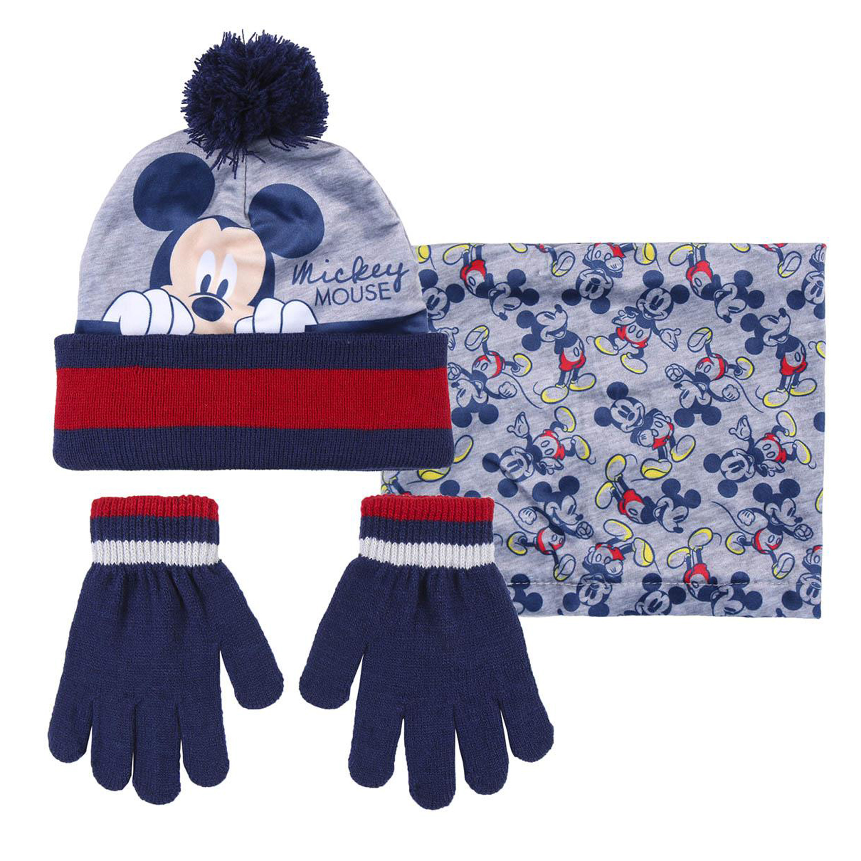 Disney Mickey Mouse 3-delig winterset - muts/handschoenen/nek warmer - grijs - voor kinderen -