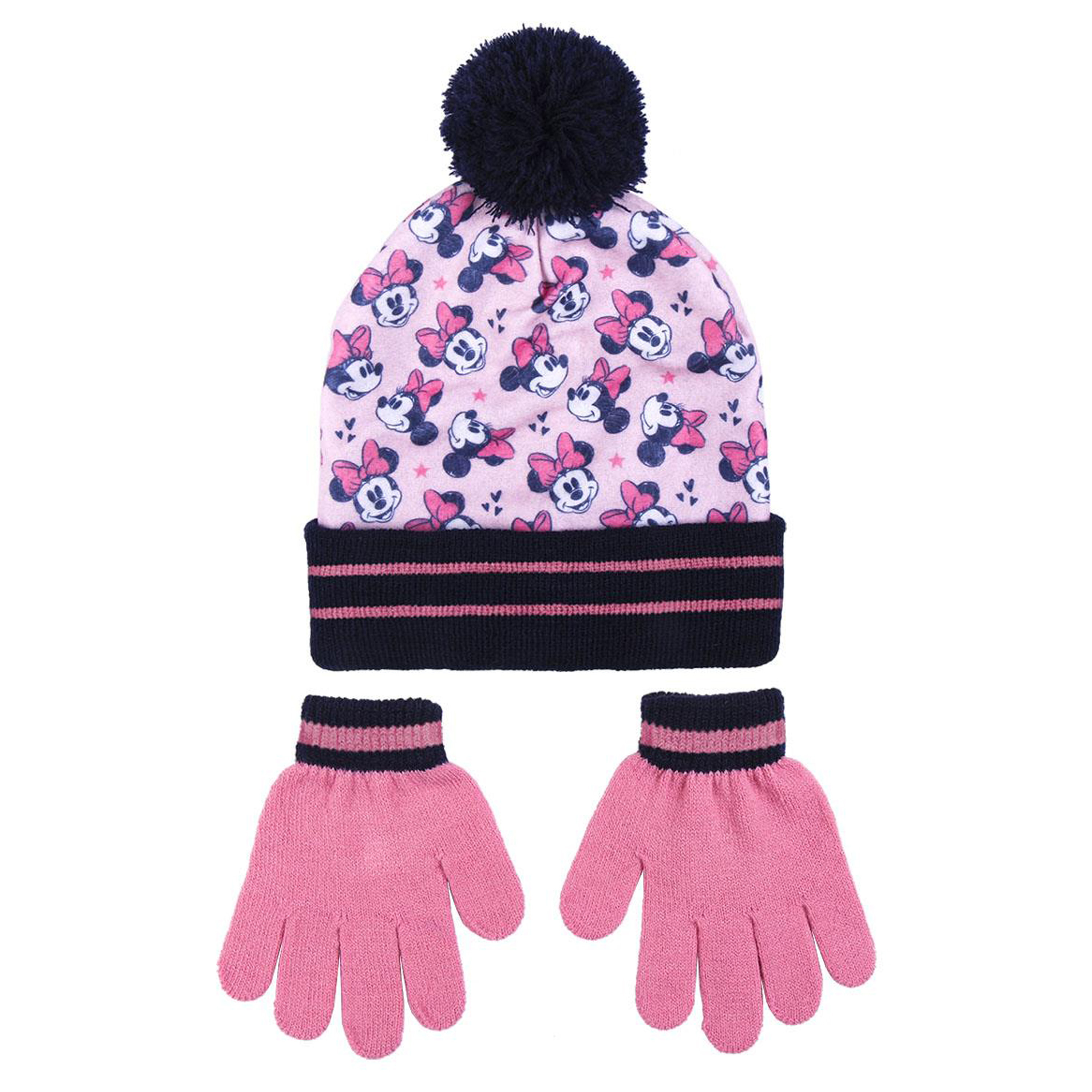 Disney Minnie Mouse 2-delig winterset - muts/handschoenen - roze/zwart - voor kinderen -