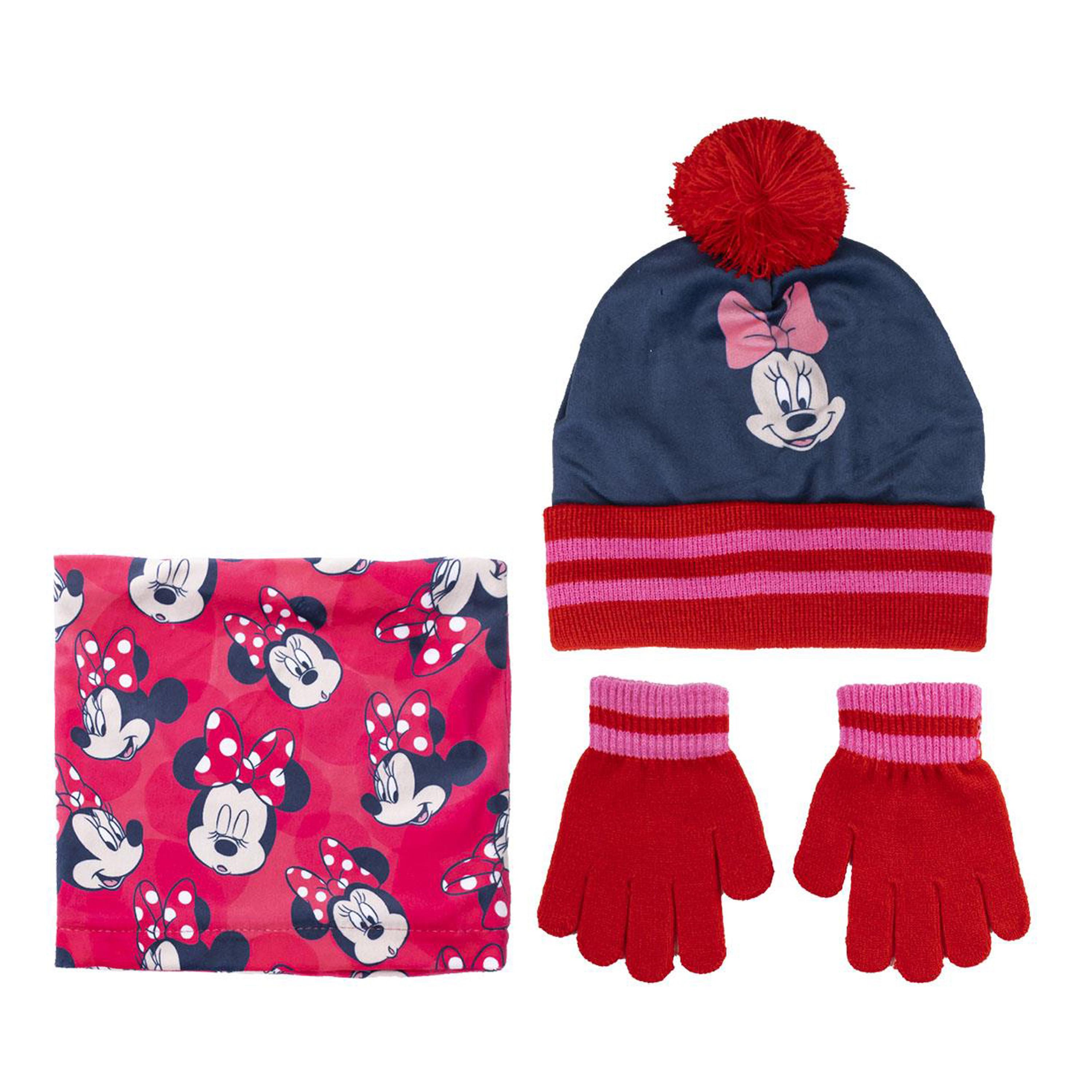 Disney Minnie Mouse 3-delig winterset - muts/handschoenen/nek warmer - rood - voor kinderen -