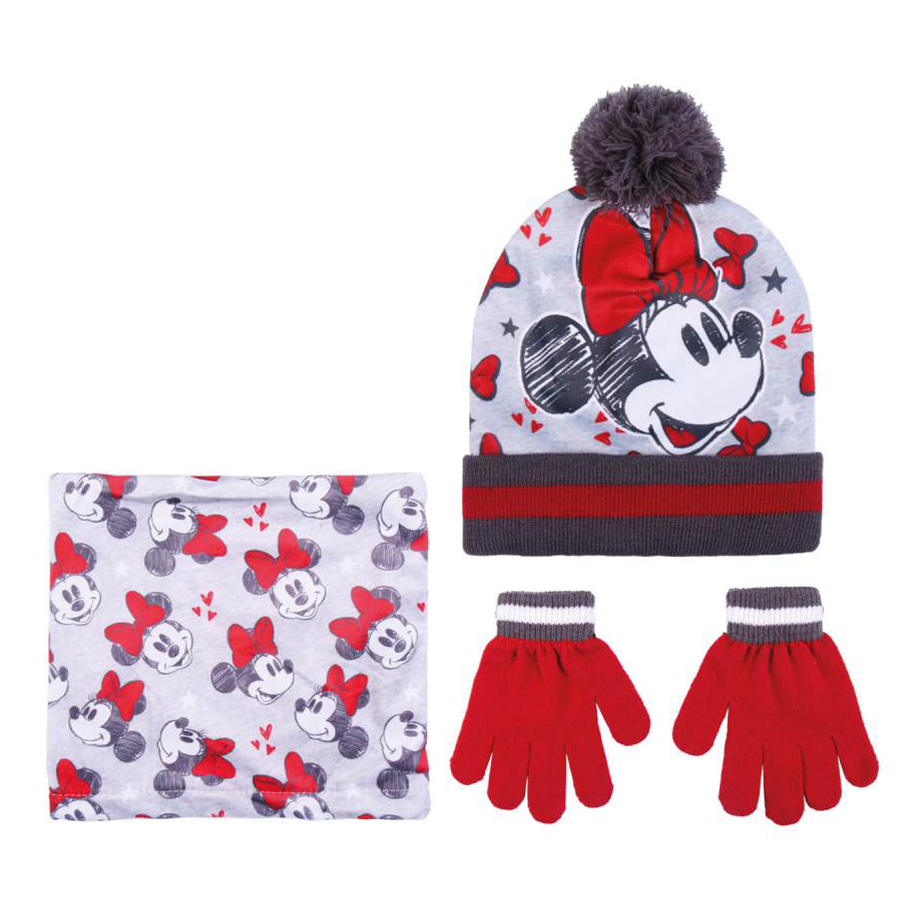 Disney Minnie Mouse 3-delig winterset - muts/handschoenen/nek warmer - rood/wit - voor kinderen -