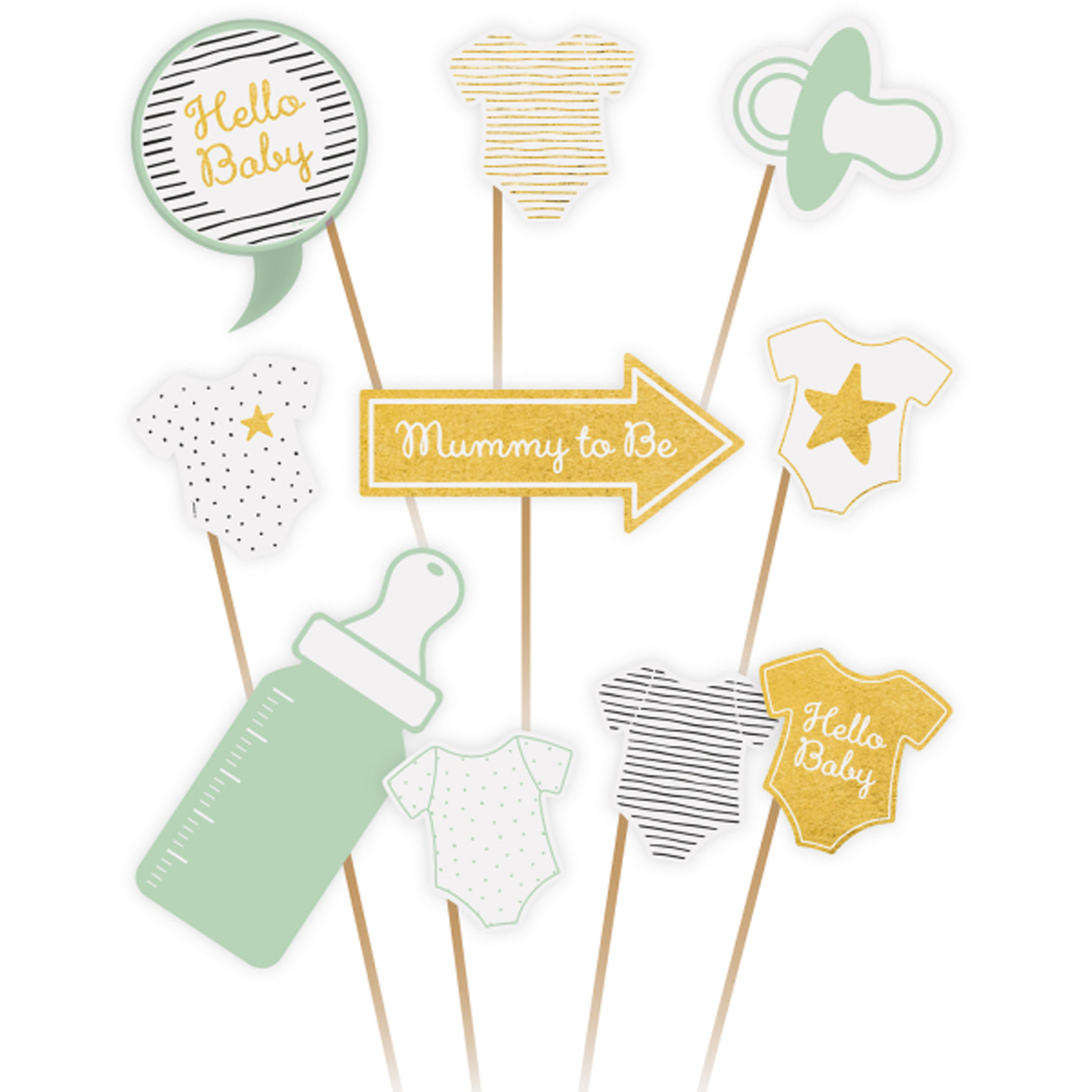 Babyshower foto prop set - 20-delig - groen/goud - rompertje/flesje - photo booth accessoires -