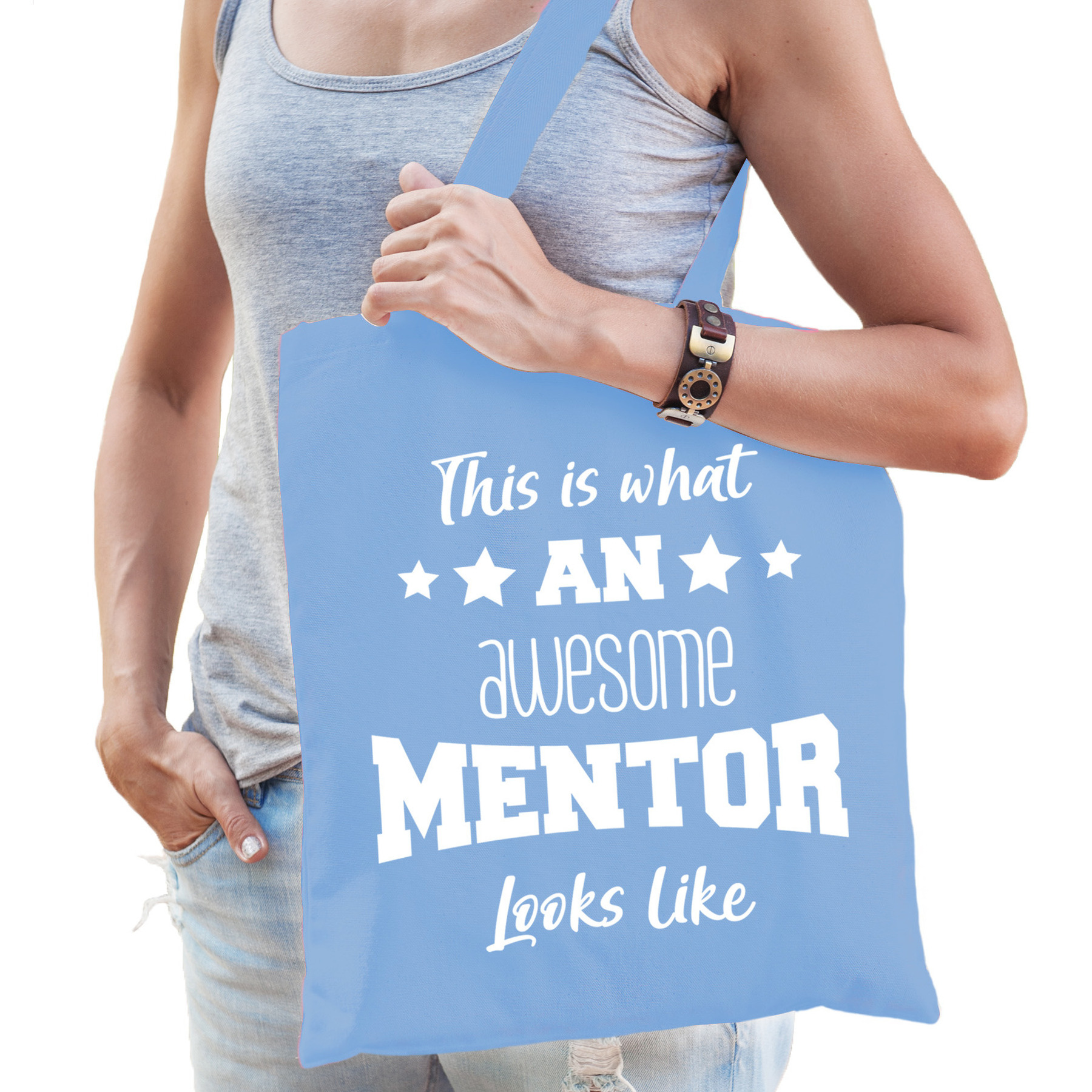 Cadeau tas voor mentor - katoen - 42 x 38 cm - lichtblauw -This is what an awesome mentor looks like -