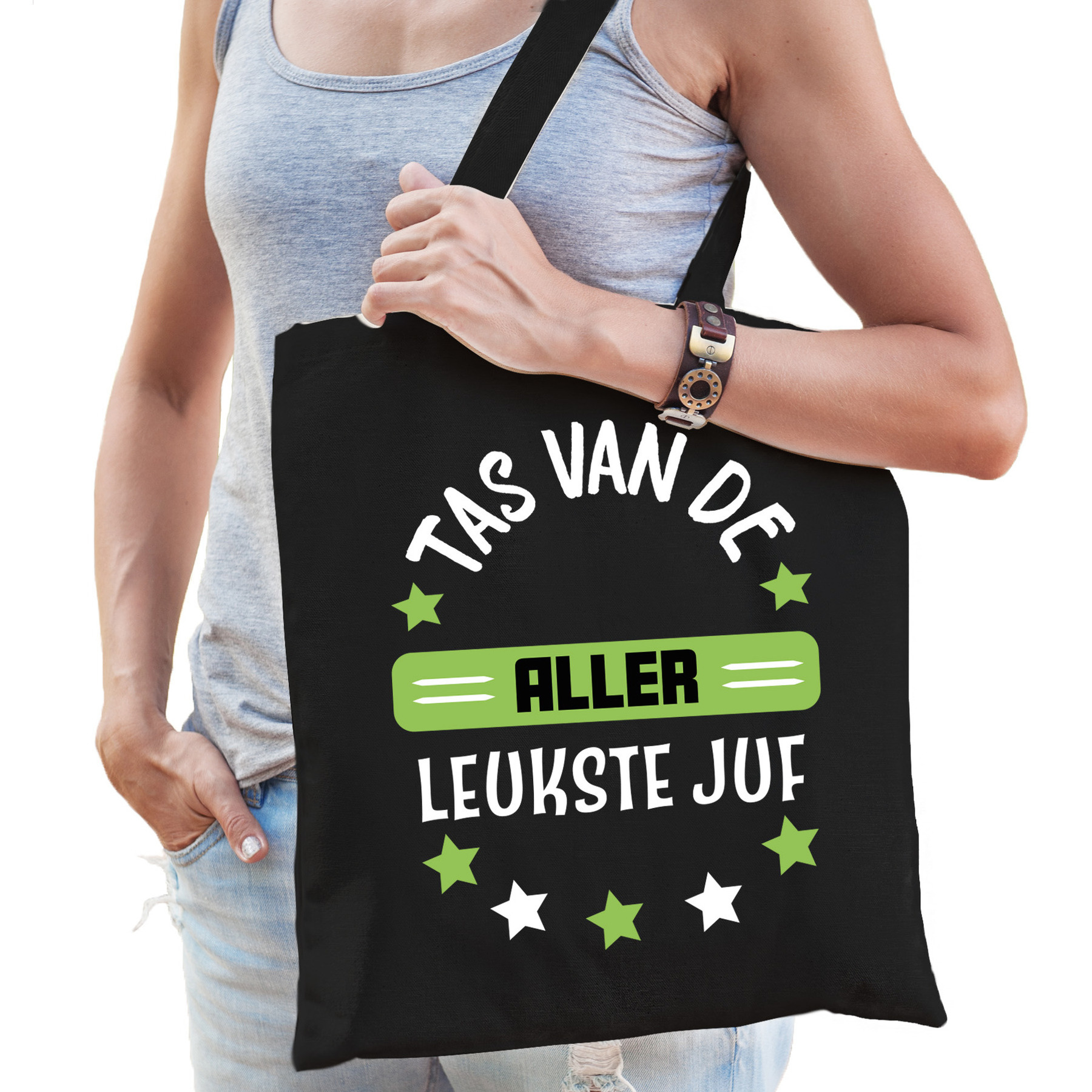 Cadeau tas voor juf - zwart/groen - katoen - 42 x 38 cm - Tas van de aller leukste juf -