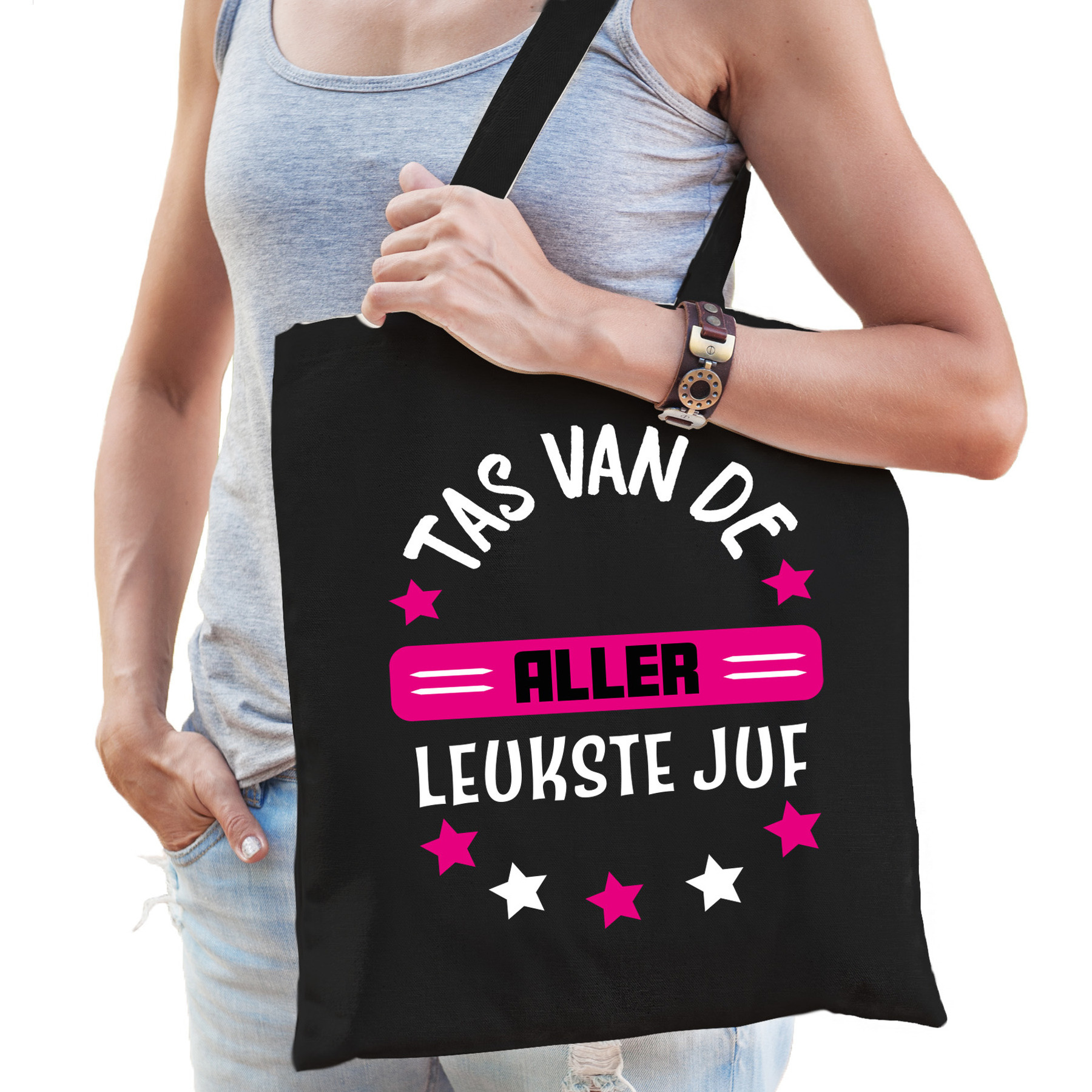 Cadeau tas voor juf - zwart/fuchsia roze - katoen - 42 x 38 cm - Tas van de aller leukste juf -