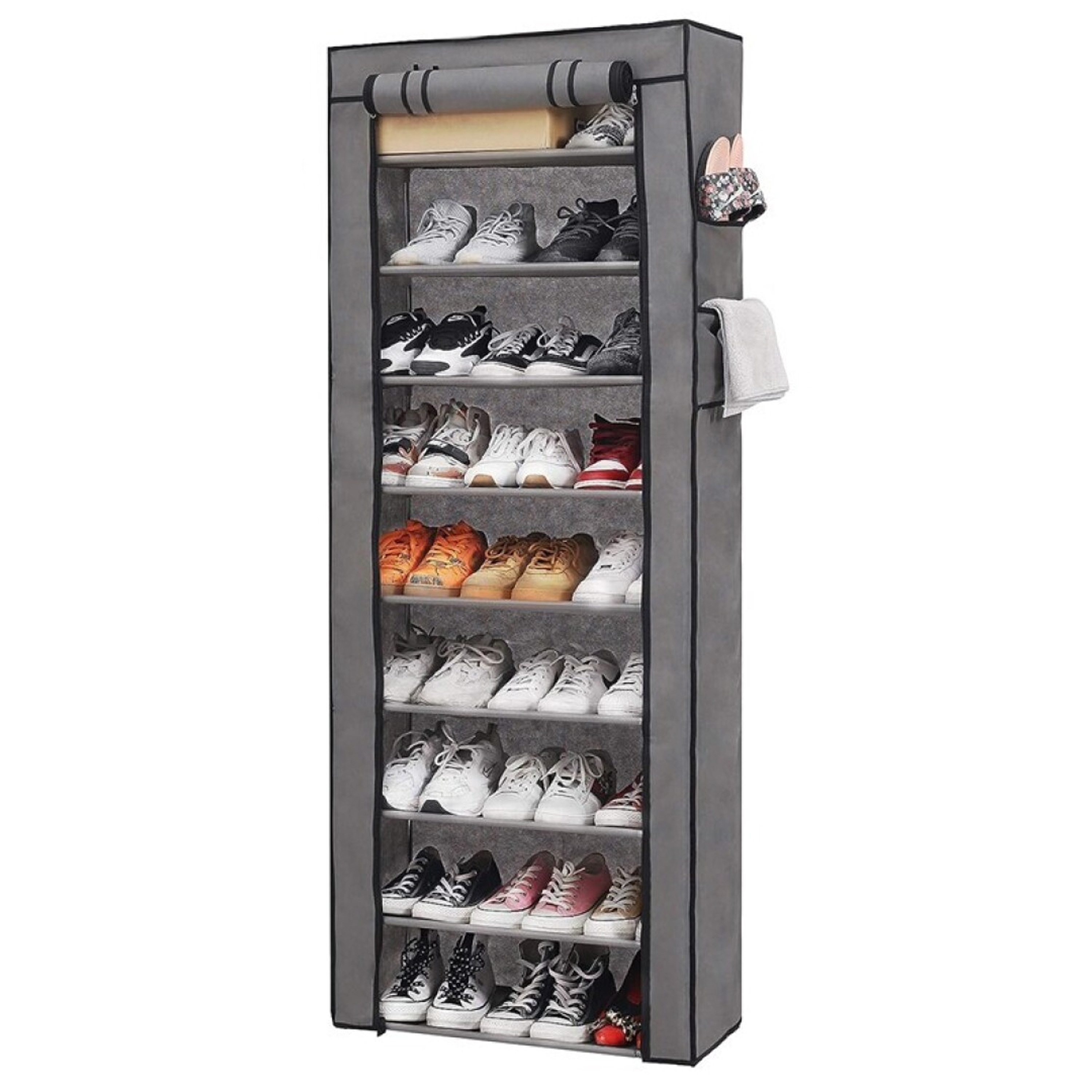Mobiele schoenenkast/opbergkast met leg niveaus - opvouwbaar - grijs - 58 x 30 x 158 cm -