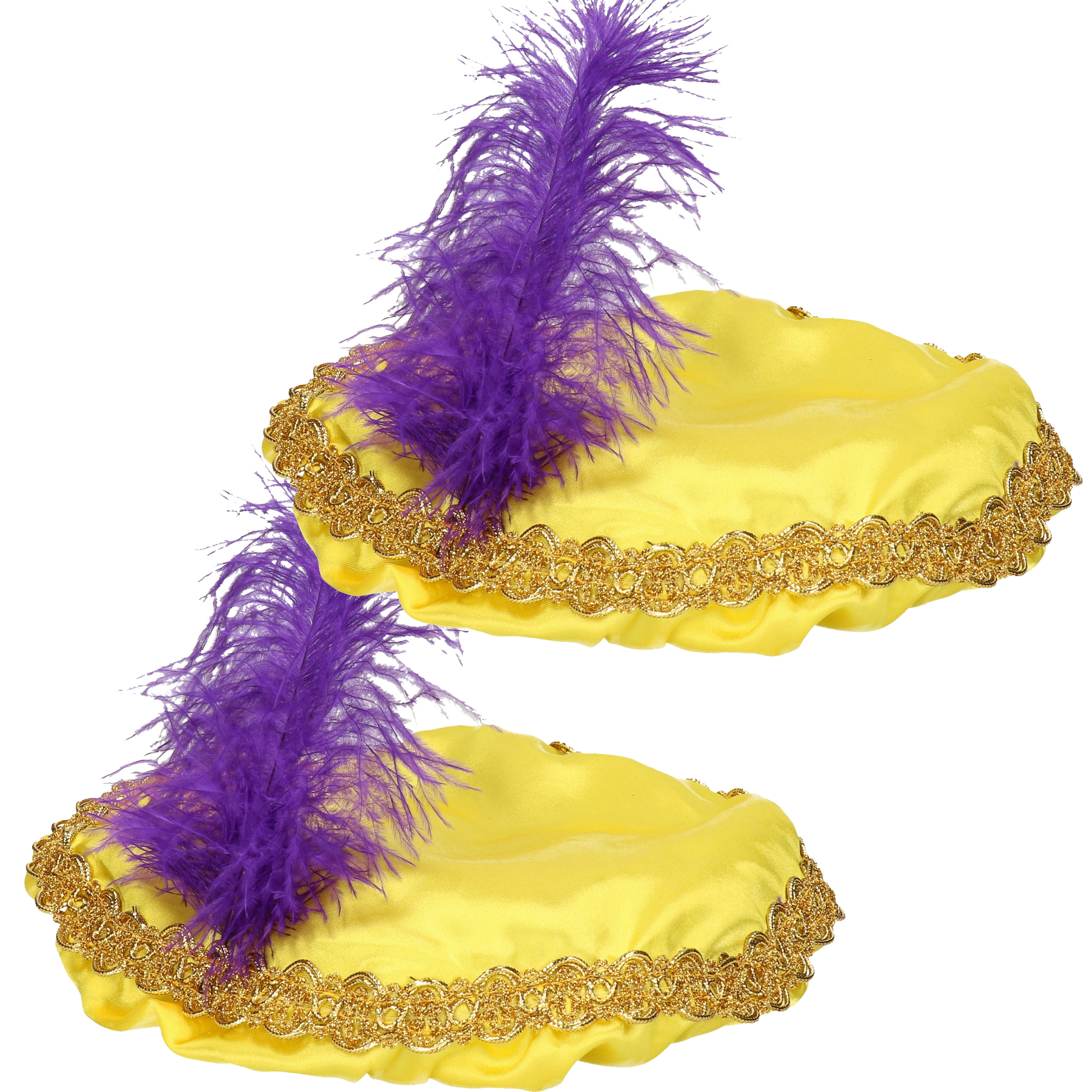 Pieten baret - 2x - met veer - geel - voor kinderen -