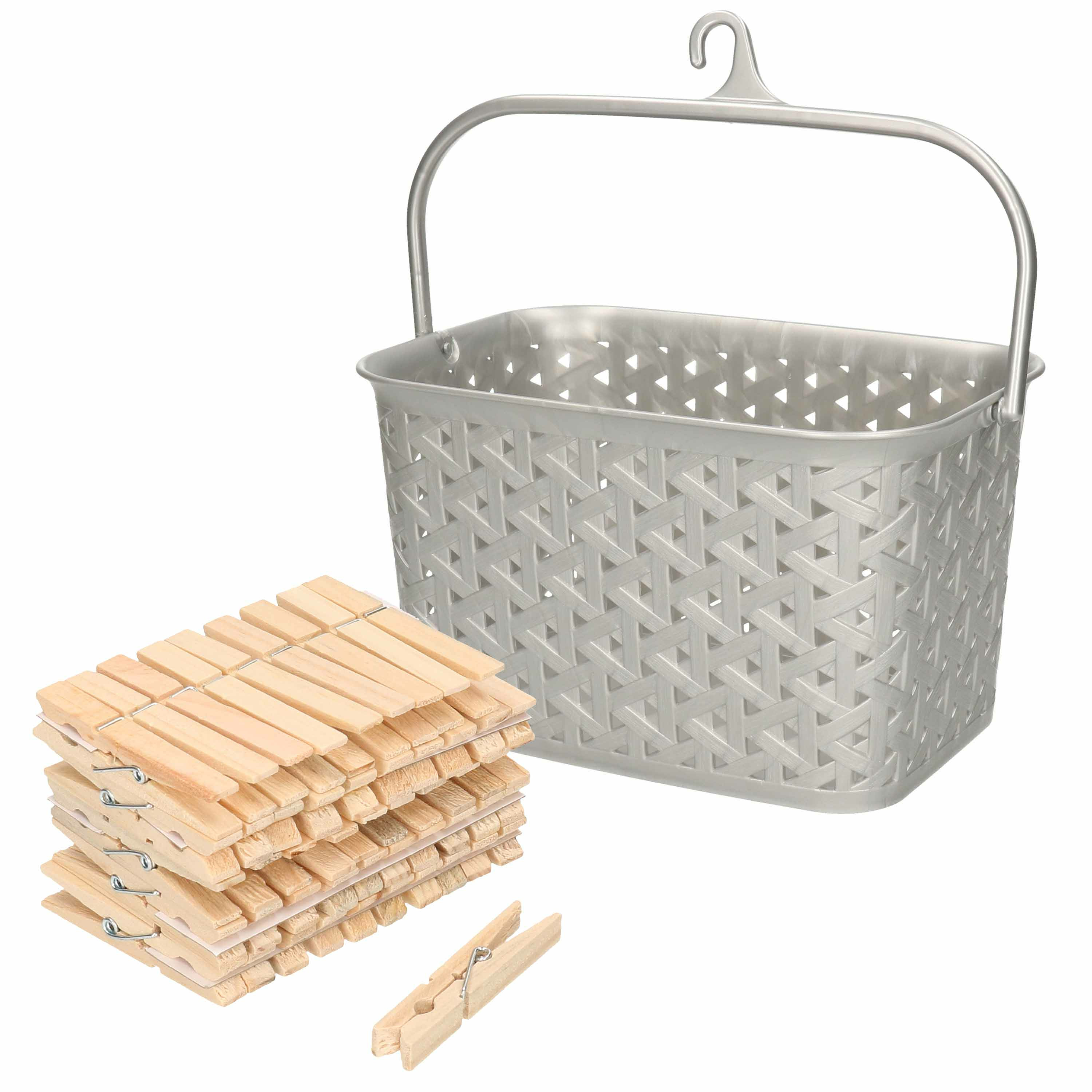 Wasknijpers mandje met ophanghaak - zilver - gevuld met 100x houten wasknijpers van 7 cm -