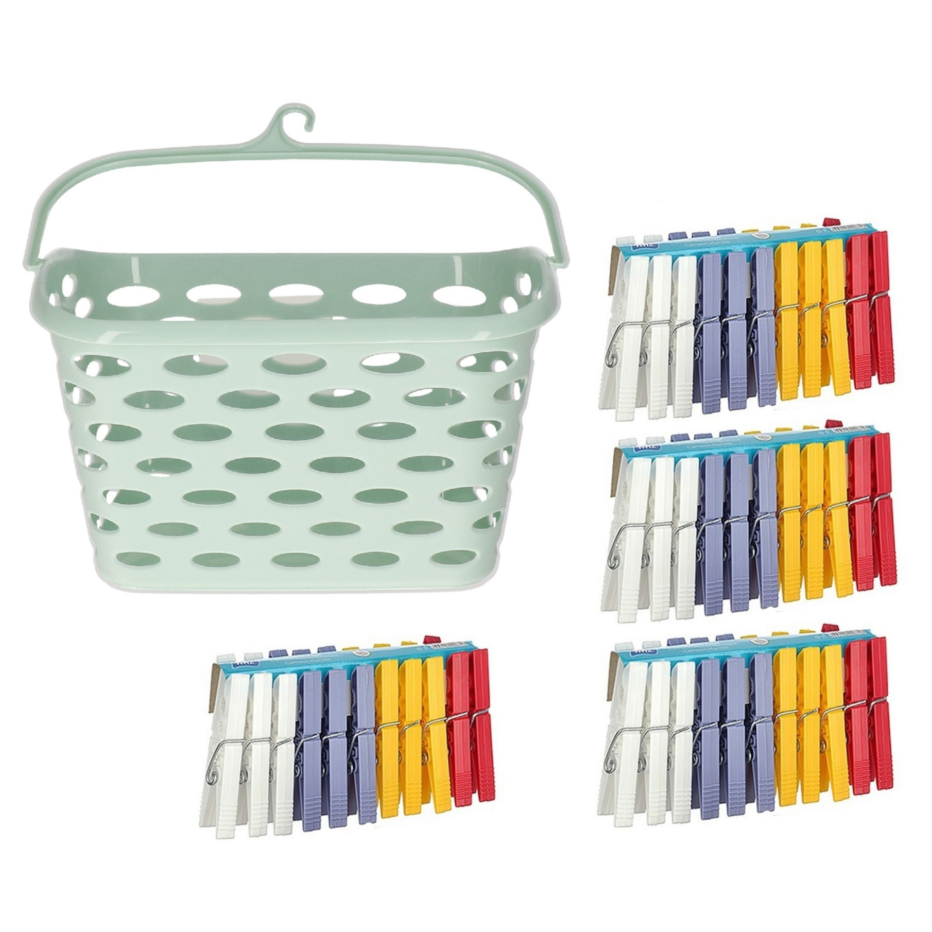 Wasknijpers ophangmandje met haak - mintgroen - en 96x gekleurde wasknijpers van 7,5 cm -