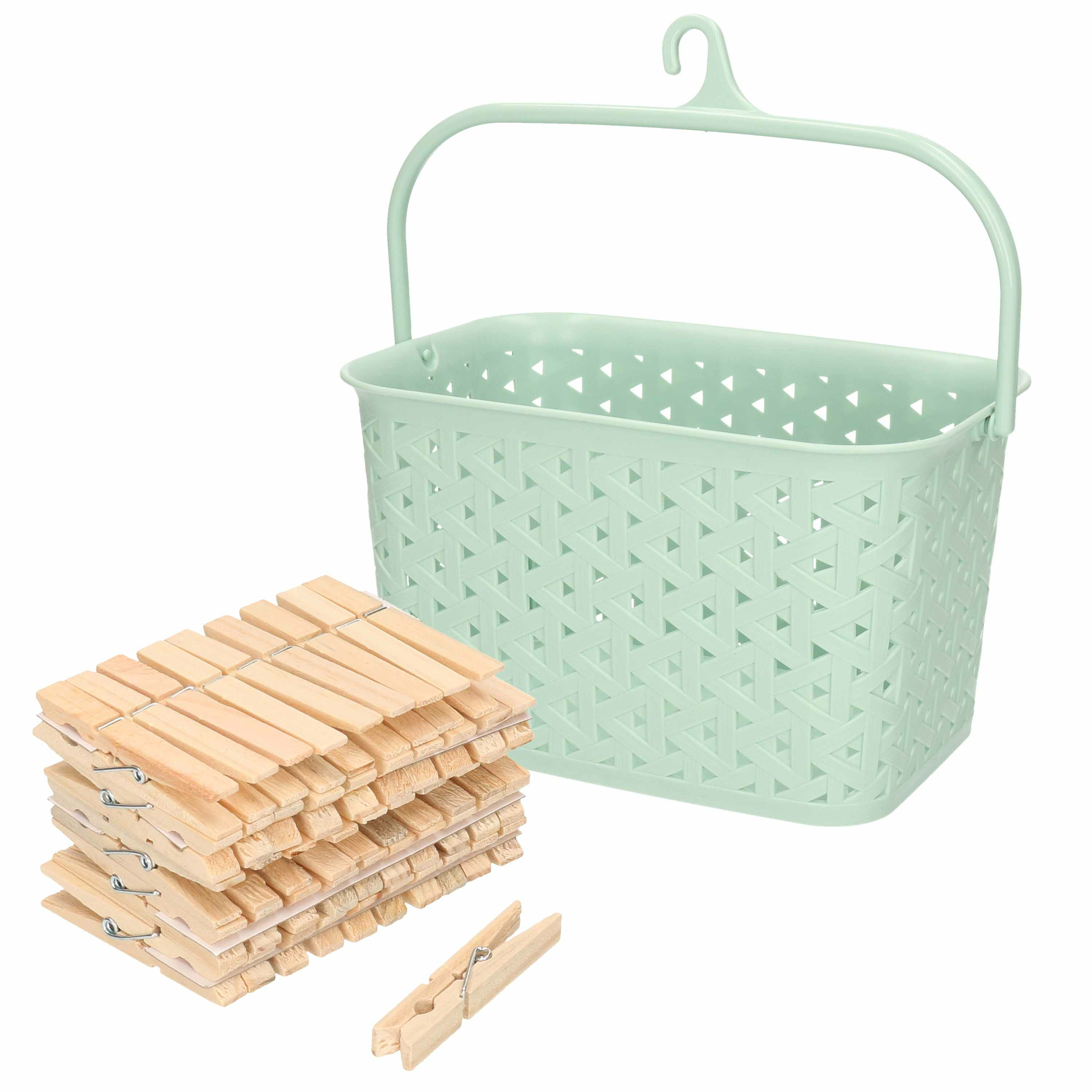 Wasknijpers mandje met ophanghaak - groen - gevuld met 100x houten wasknijpers van 7 cm -