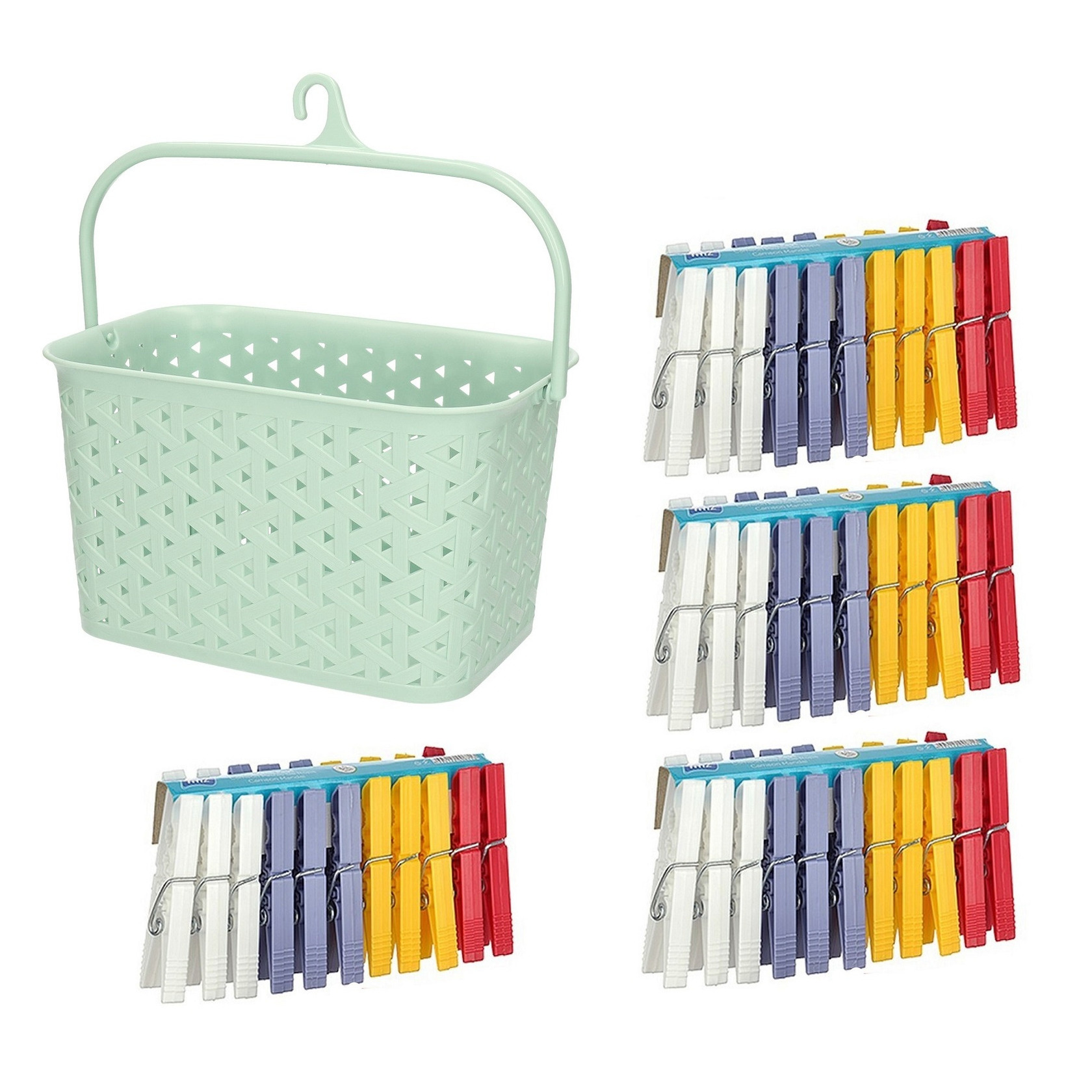 Wasknijpers ophangmandje met haak - mintgroen - en 96x gekleurde wasknijpers van 7,5 cm -