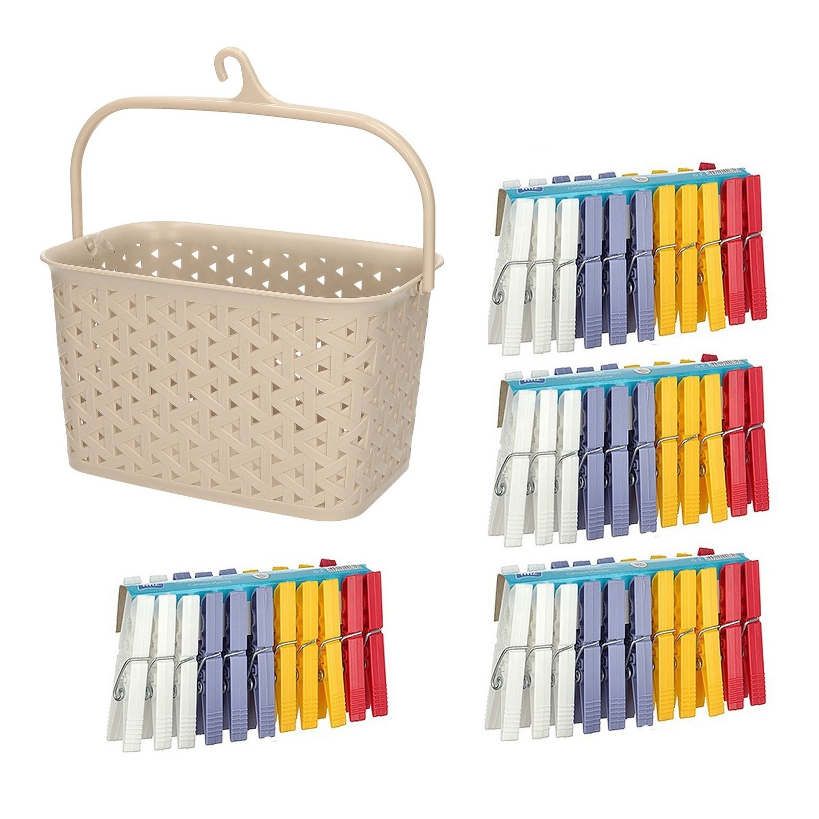 Wasknijpers ophangmandje met haak - beige - en 96x gekleurde wasknijpers van 7,5 cm -