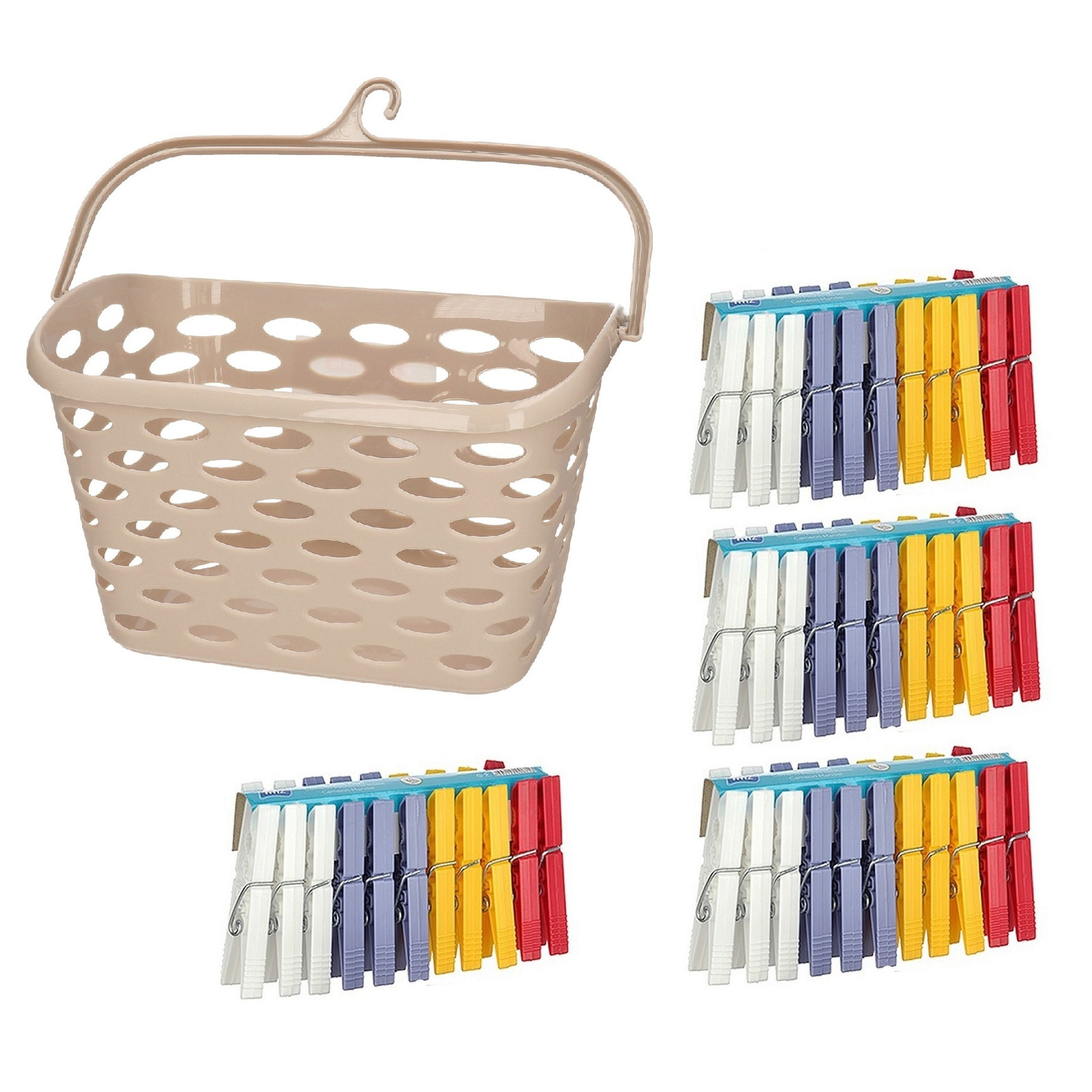 Wasknijpers ophangmandje met haak - beige - en 96x gekleurde wasknijpers van 7,5 cm -