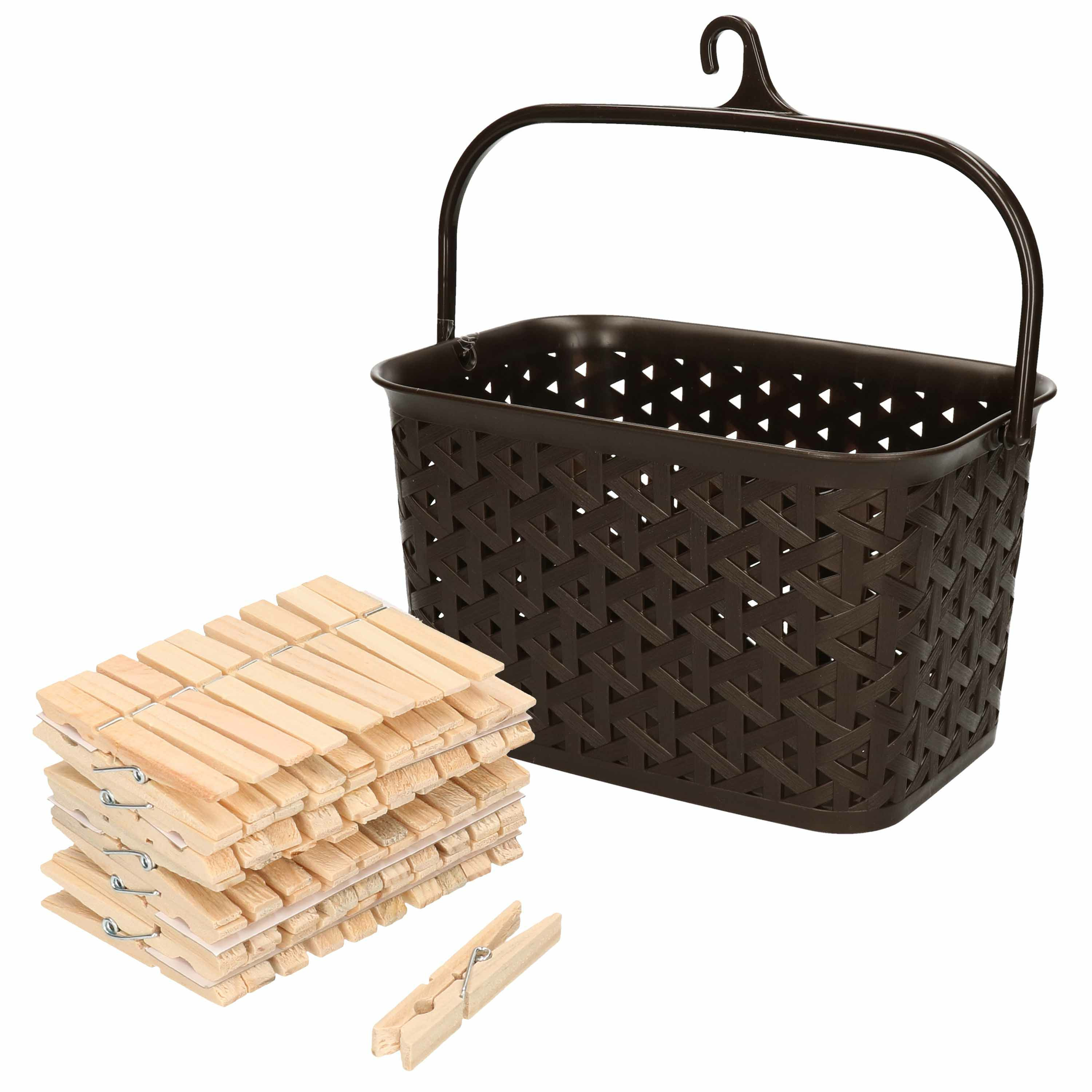 Wasknijpers mandje met ophanghaak - bruin - gevuld met 100x houten wasknijpers van 7 cm -