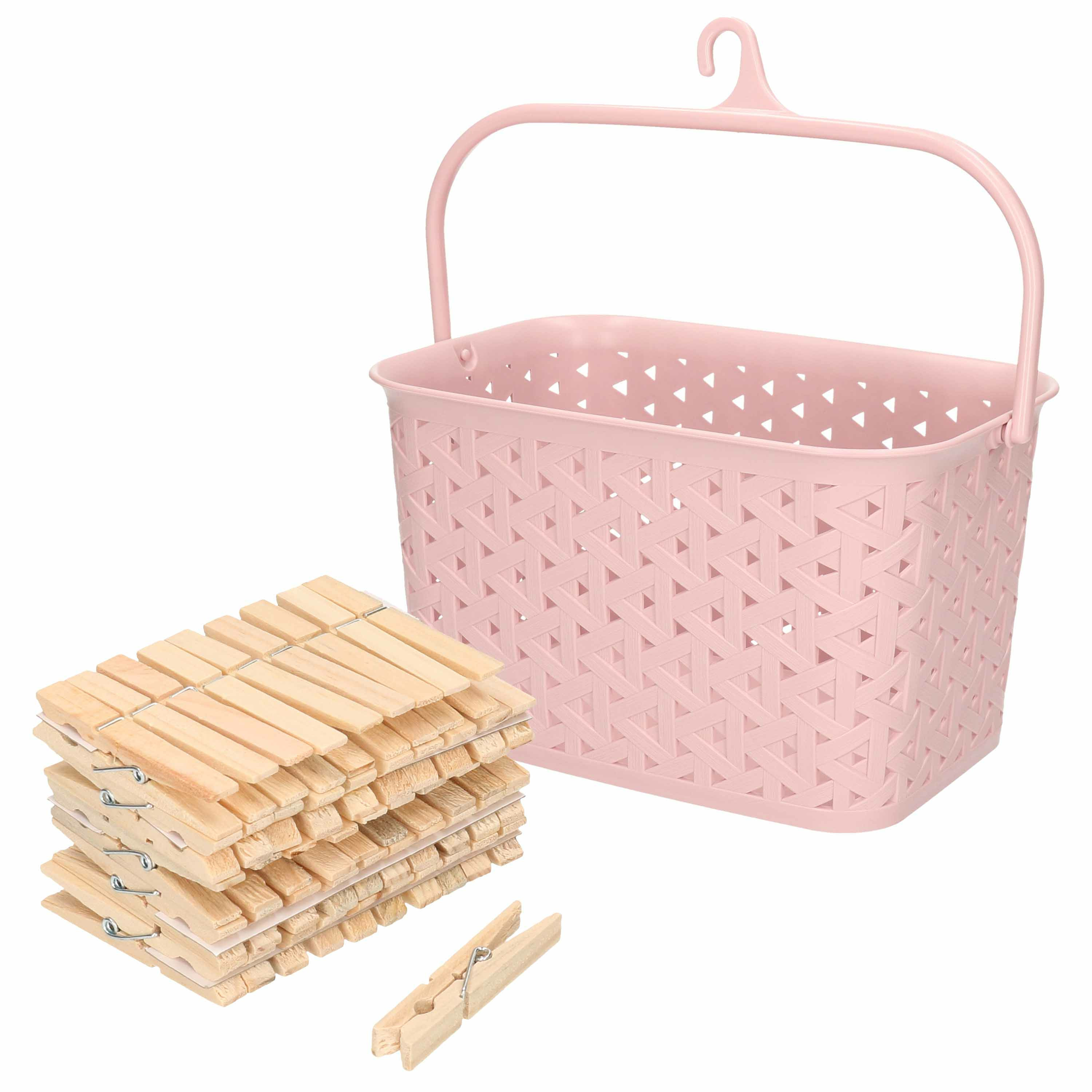 Wasknijpers mandje met ophanghaak - roze - gevuld met 100x houten wasknijpers van 7 cm -