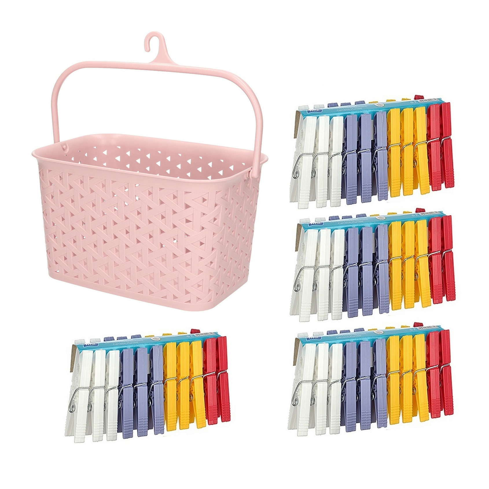 Wasknijpers ophangmandje met haak - roze - en 96x gekleurde wasknijpers van 7,5 cm -