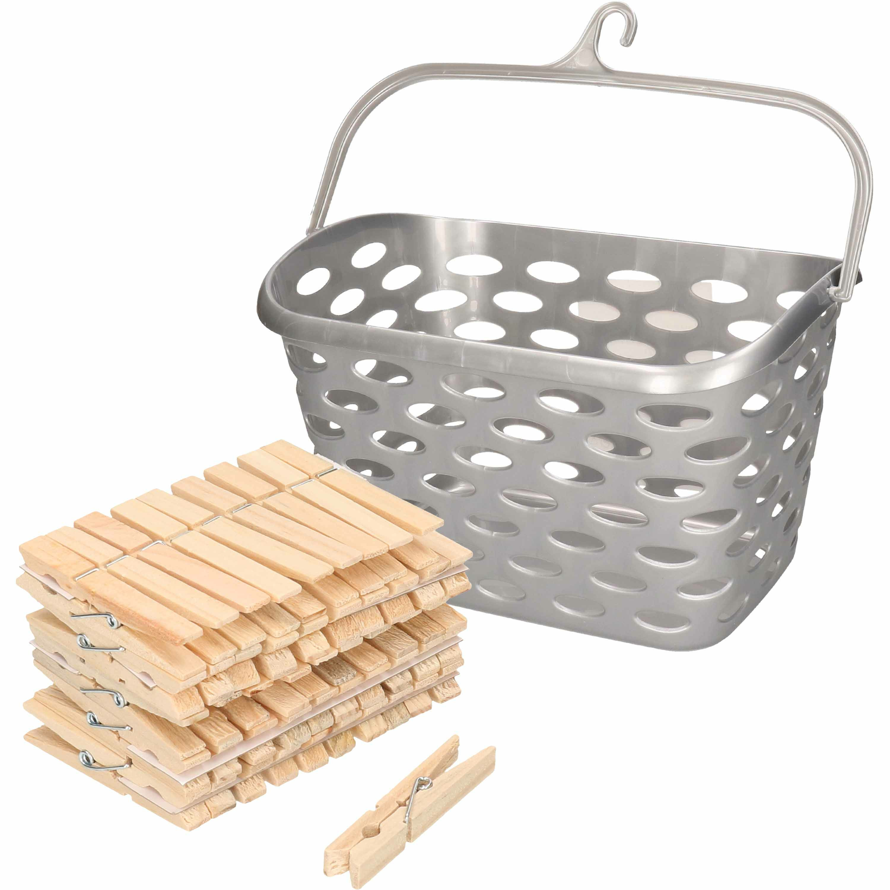 Wasknijpers mandje met ophanghaak - zilver - gevuld met 100x houten wasknijpers van 7 cm -