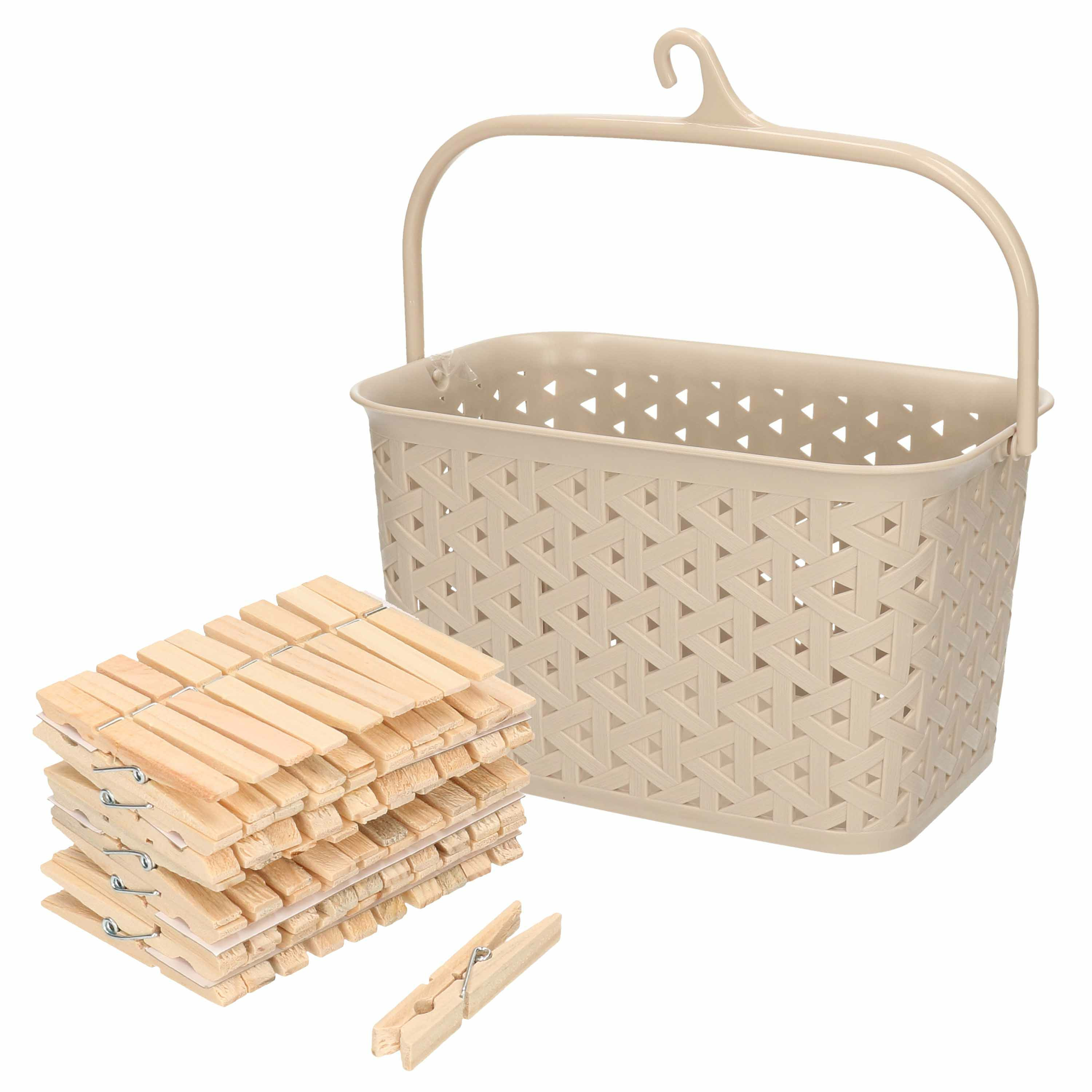 Wasknijpers mandje met ophanghaak - beige - gevuld met 100x houten wasknijpers van 7 cm -