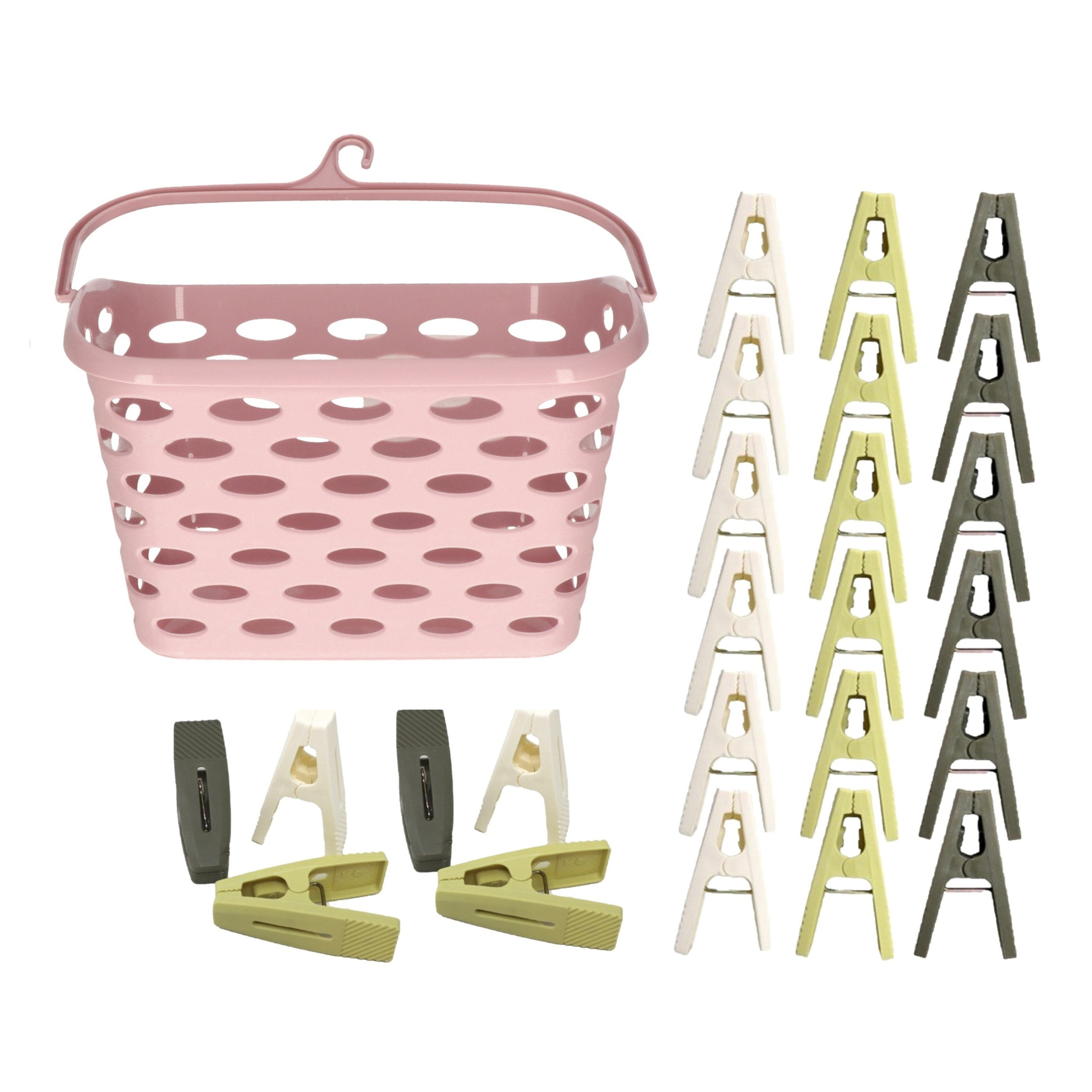 Wasknijpers ophangmandje met haak - roze - en 80x gekleurde compacte wasknijpers van 6 cm -