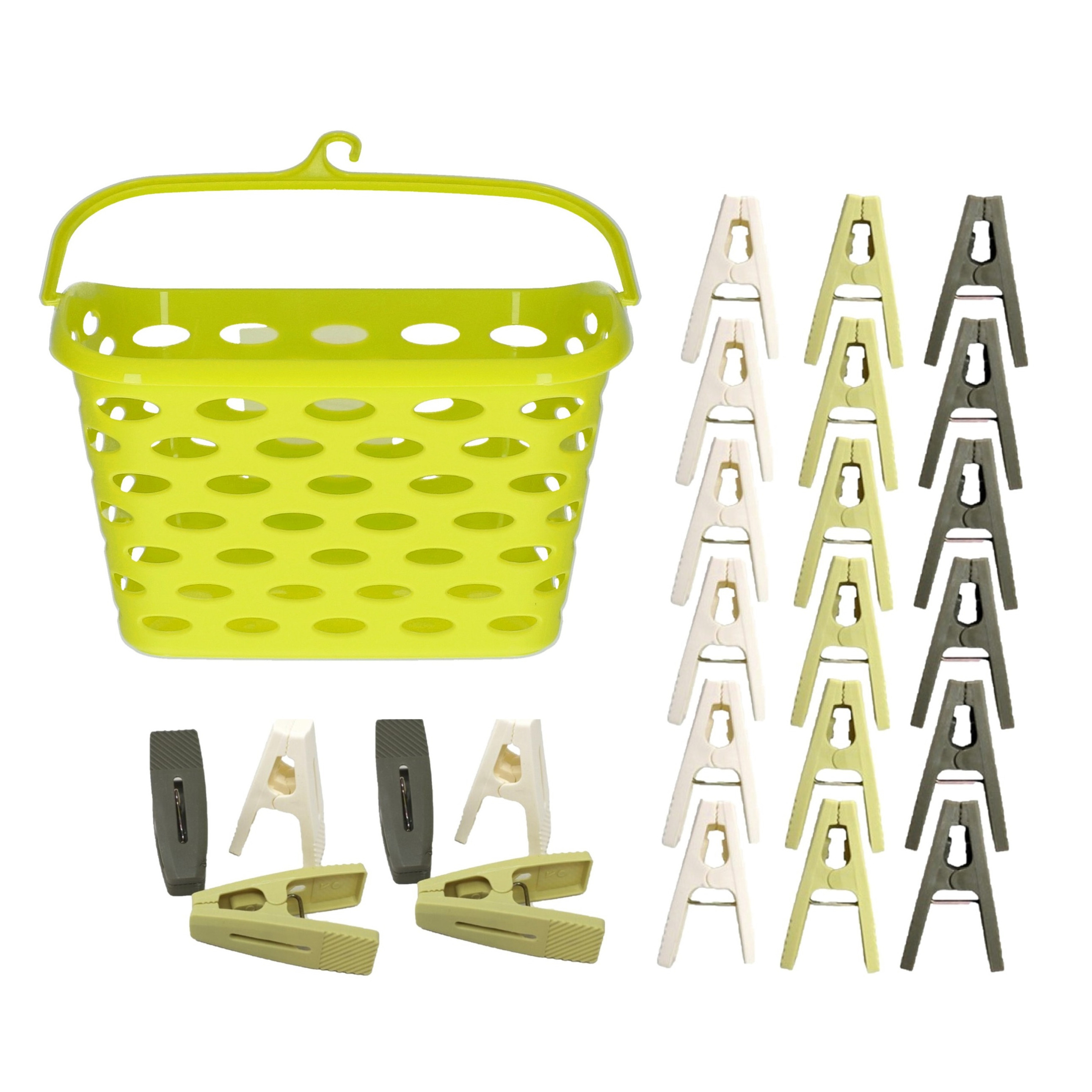 Wasknijpers ophangmandje met haak - groen - en 80x gekleurde compacte wasknijpers van 6 cm -