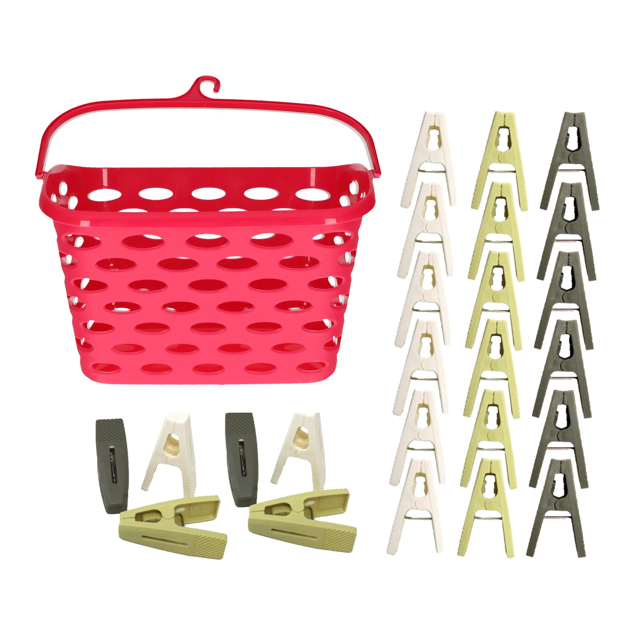 Wasknijpers ophangmandje met haak - fuchsia - en 80x gekleurde compacte wasknijpers van 6 cm -