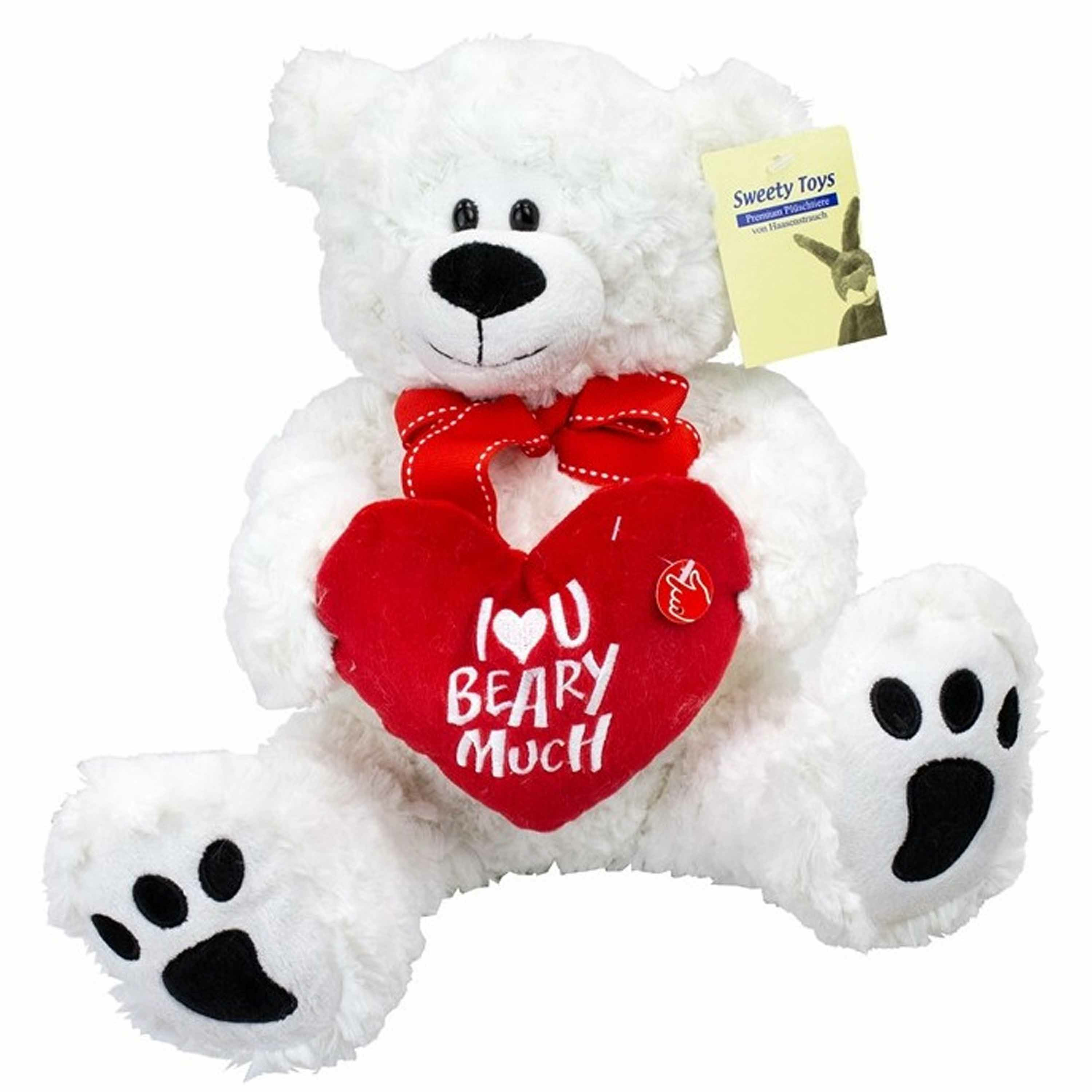 Pluche knuffelbeer/teddybeer met I love you hartje - met geluid - wit - 30 cm -