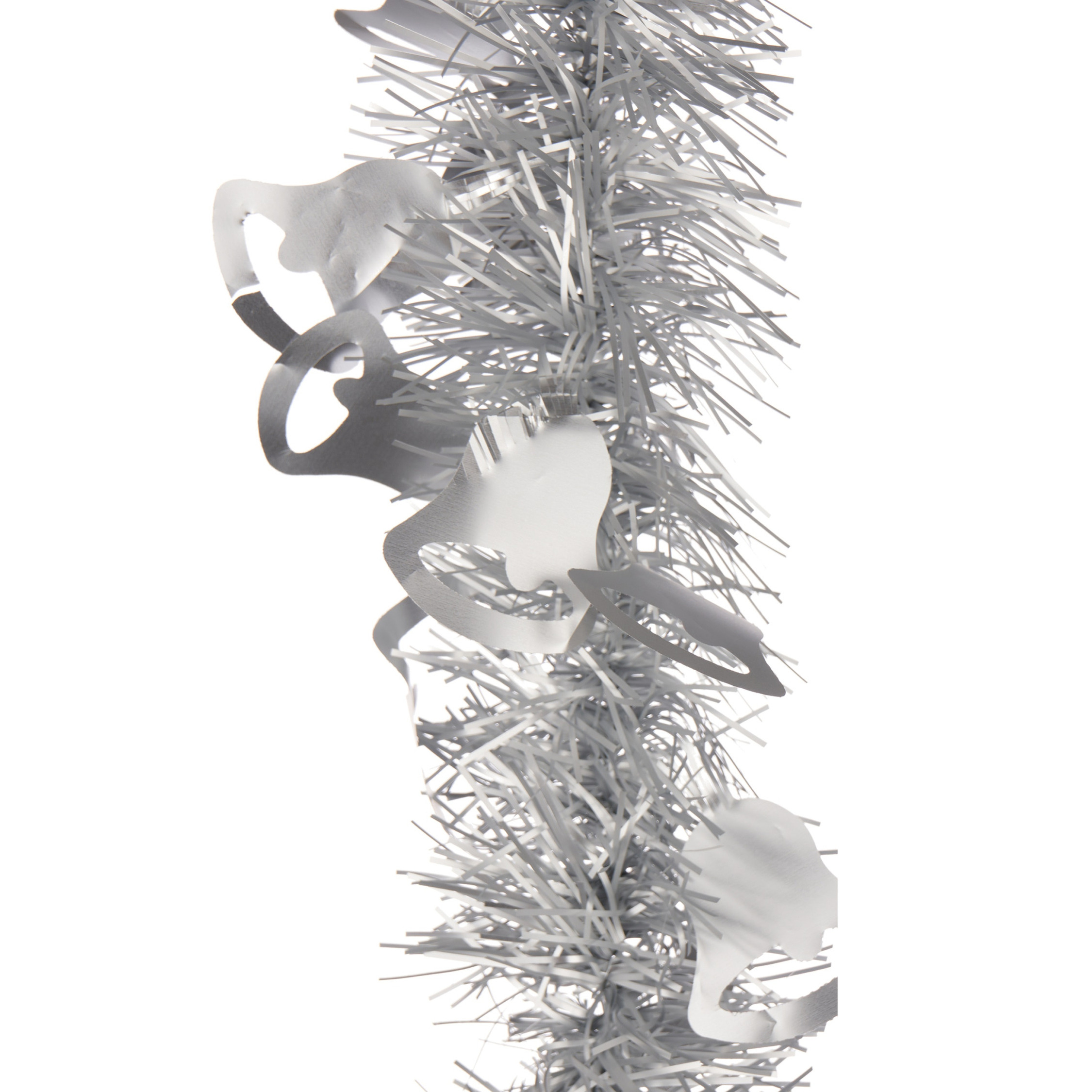 Lametta kerstslingers - 2x - zilver - folie - 200 x 12 cm - met kerstklokjes -