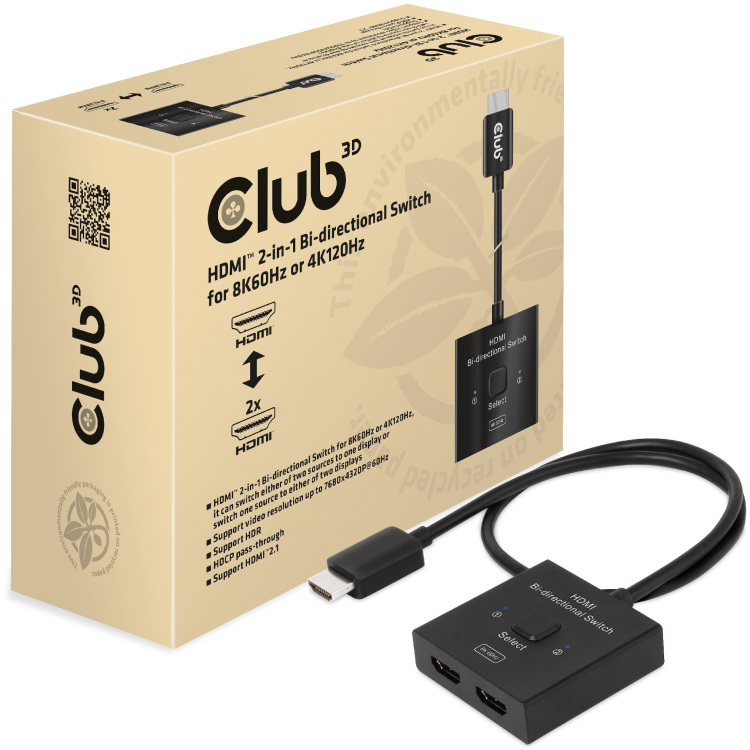 Club 3D HDMI switch 2-in-1 bi-directional for 8K60Hz or 4K120Hz hdmi switch 0.5 meter