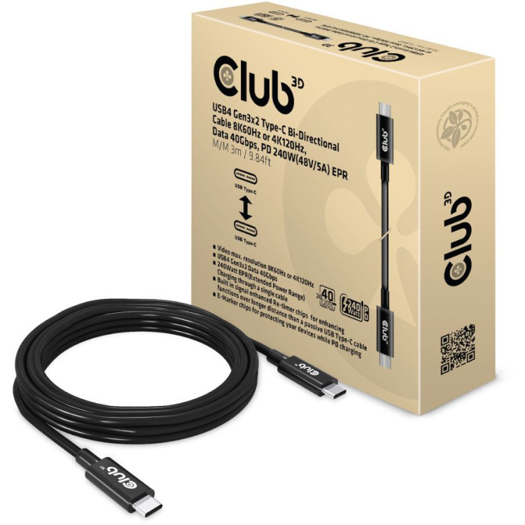 Club 3D USB4 Gen3x2 Type-C Bi-Directional kabel, 3 meter kabel 8K60Hz of 4K120Hz, Data 40Gbps, PD 240W(48V/5A) EPR