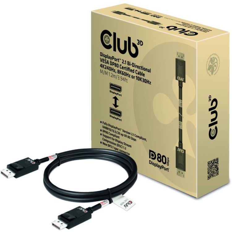 Club 3D DisplayPort 2.1 Bi-Directional VESA DP80 Certified Kabel 4K 240 Hz kabel 1,2 meter