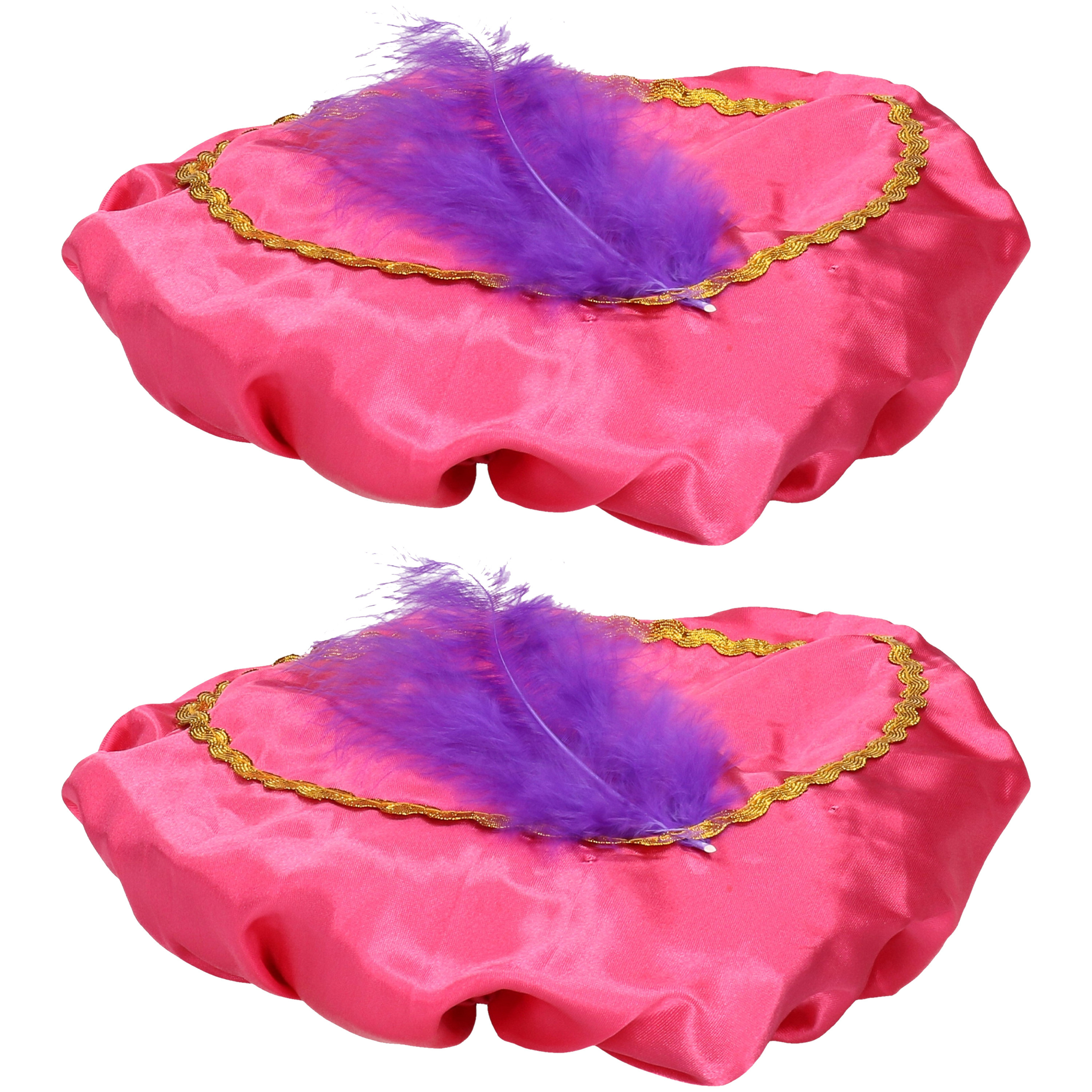 Pietenmuts/baret - 2x - met veer - roze - voor kinderen - one size -