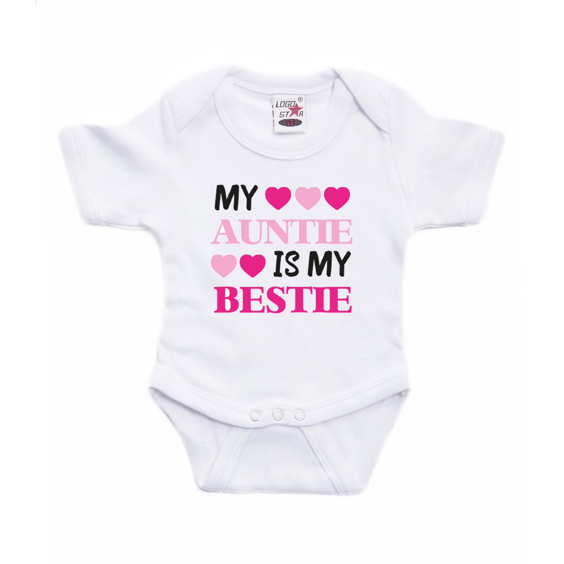 Baby rompertje - tante cadeau romper - my auntie is my bestie - wit/roze - kraamcadeau 92 (18-24 maanden) -