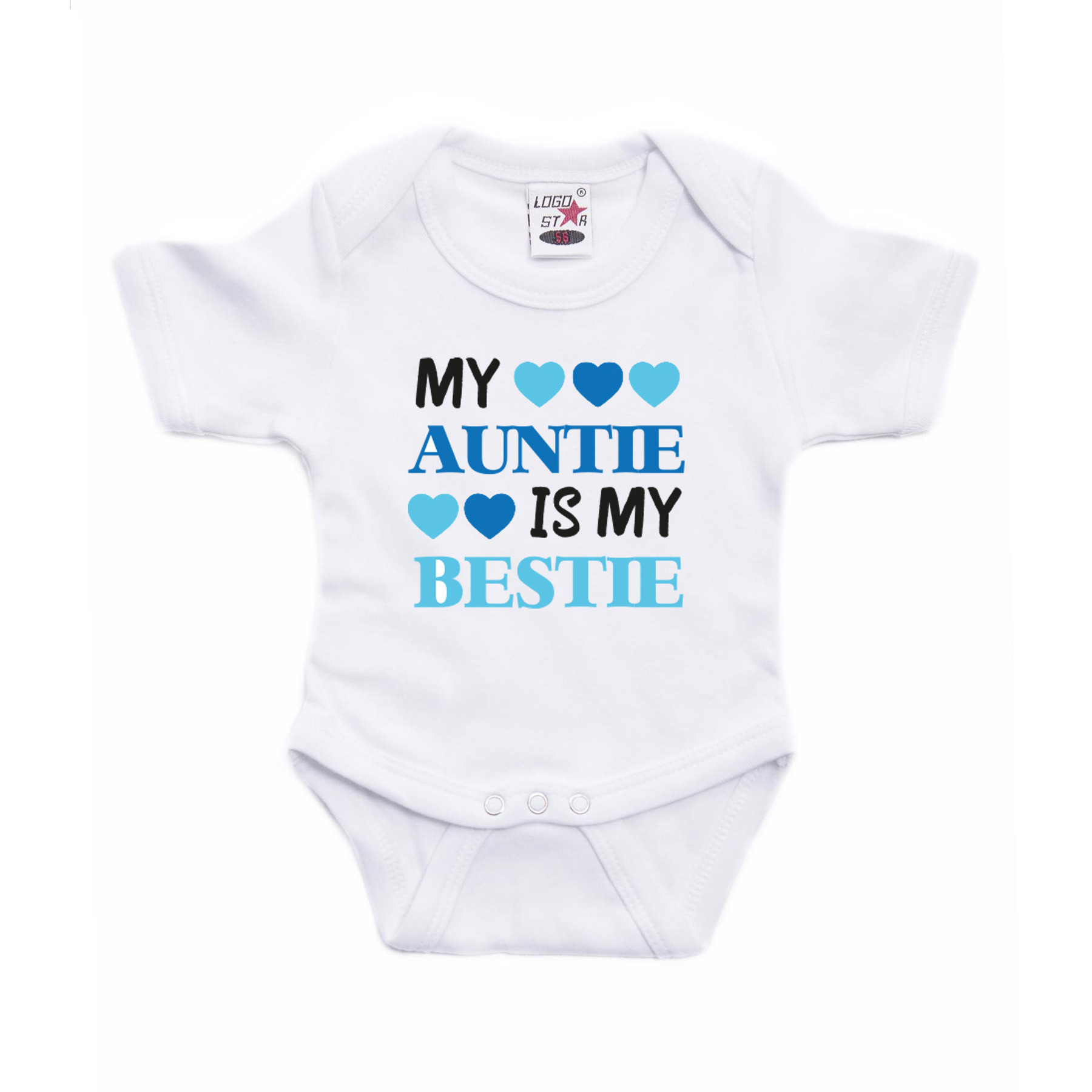 Baby rompertje - tante cadeau rompermy auntie is my bestie - wit/blauw - kraamcadeau 68 (4-6 maanden) -