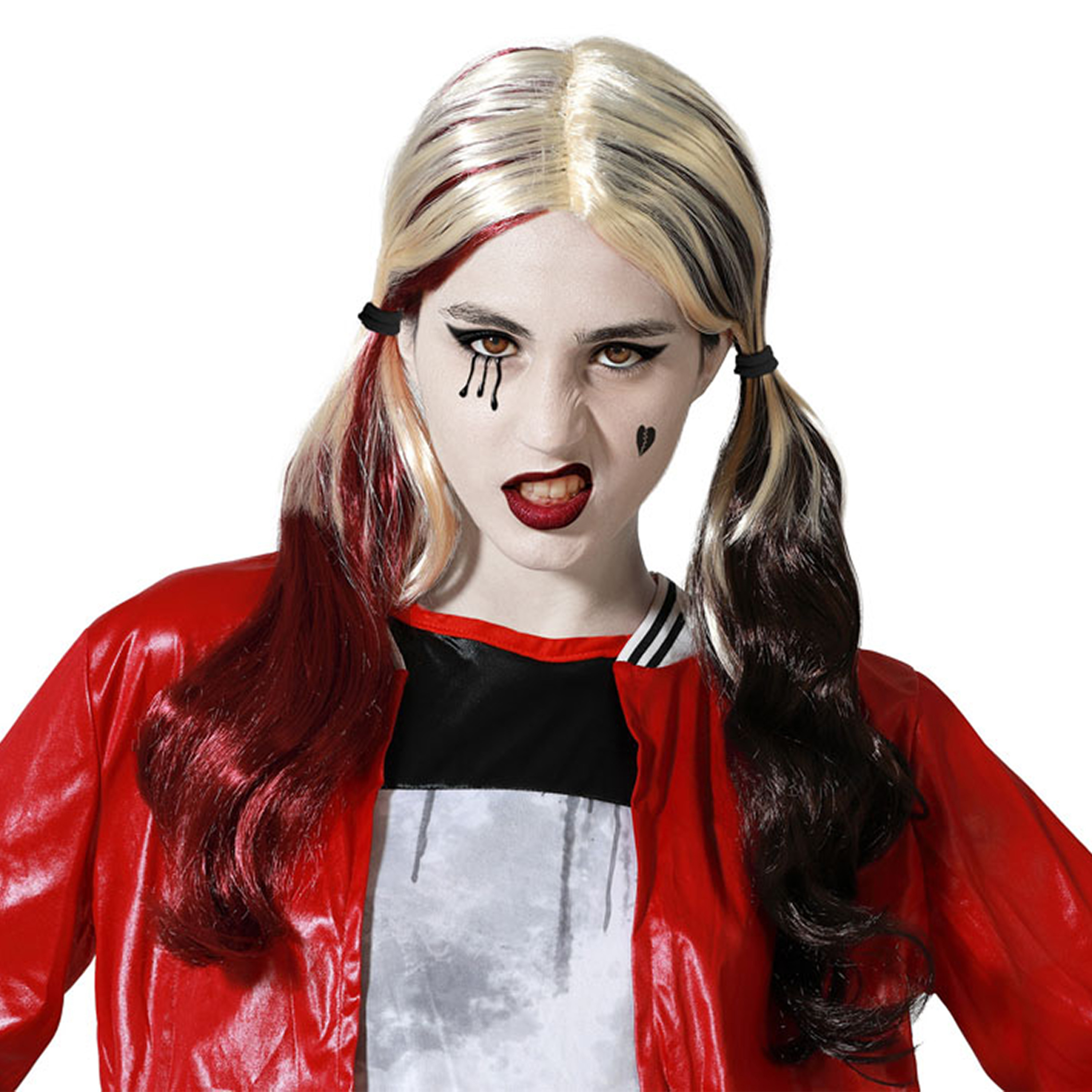 Atosa Halloween verkleedpruik lang haar met staartjes - zwart/blond/rood - dames -