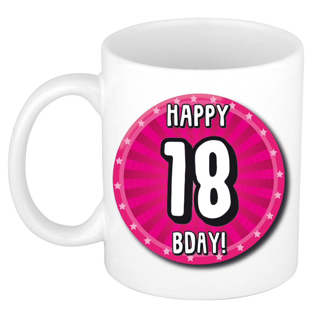 Verjaardag cadeau mok 18 jaar - roze - wiel - 300 ml - keramiek -