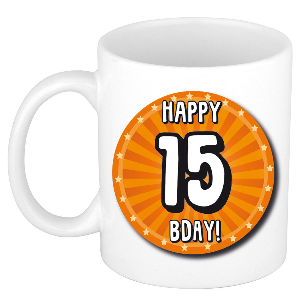 Verjaardag cadeau mok 15 jaar - oranje - wiel - 300 ml - keramiek -