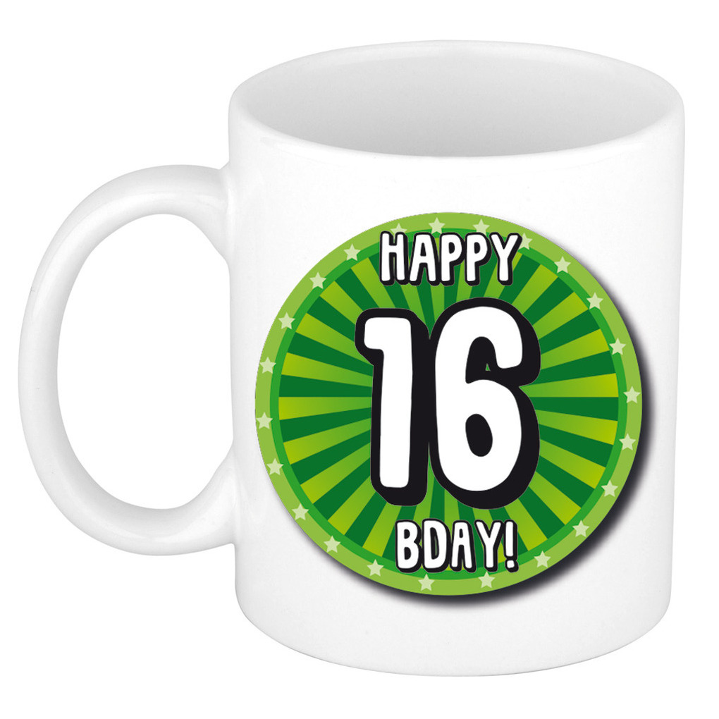 Verjaardag cadeau mok 16 jaar - groen - wiel - 300 ml - keramiek -