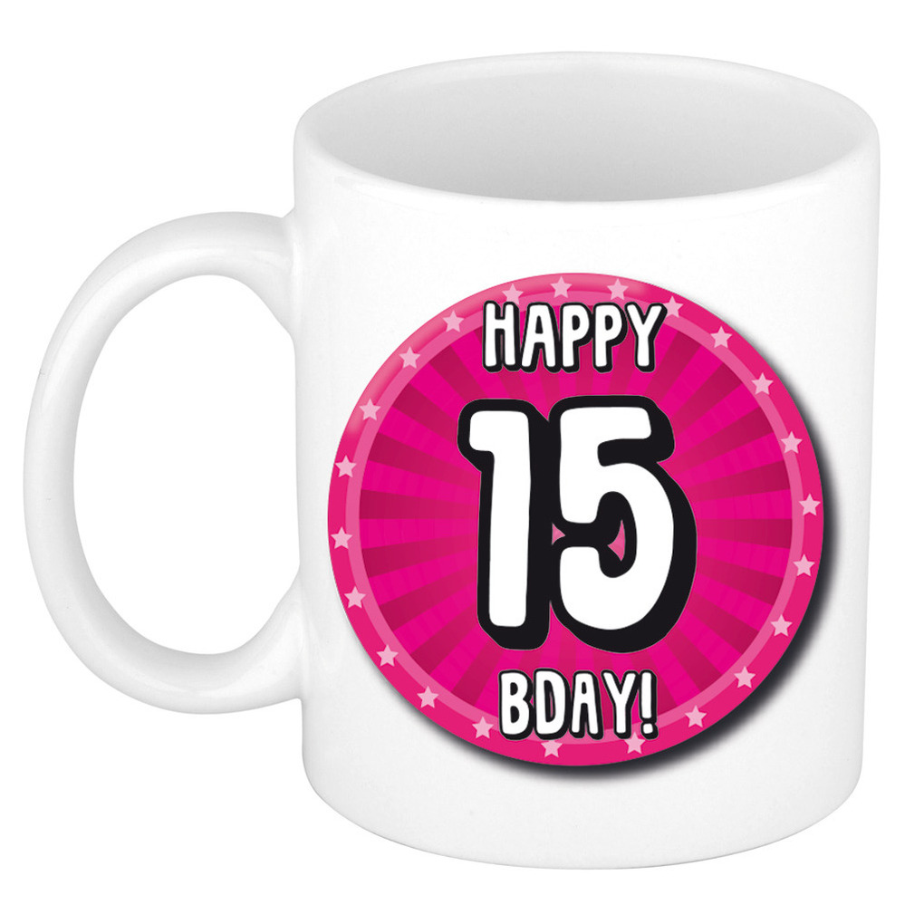 Verjaardag cadeau mok 15 jaar - roze - wiel - 300 ml - keramiek -