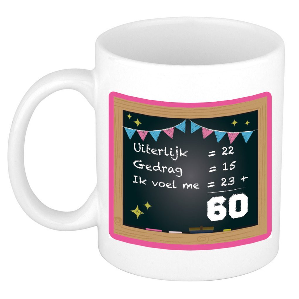 Verjaardag cadeau mok 60 jaar - roze - rekenen - 300 ml - keramiek -