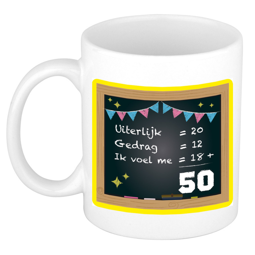 Verjaardag cadeau mok 50 jaar - geel - 300 ml - keramiek - Sarah/Abraham -