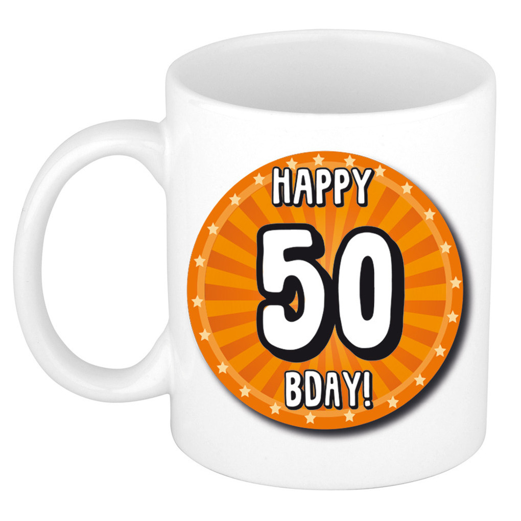 Verjaardag cadeau mok - 50 jaar - oranje - wiel - 300 ml - keramiek - Sarah/Abraham -