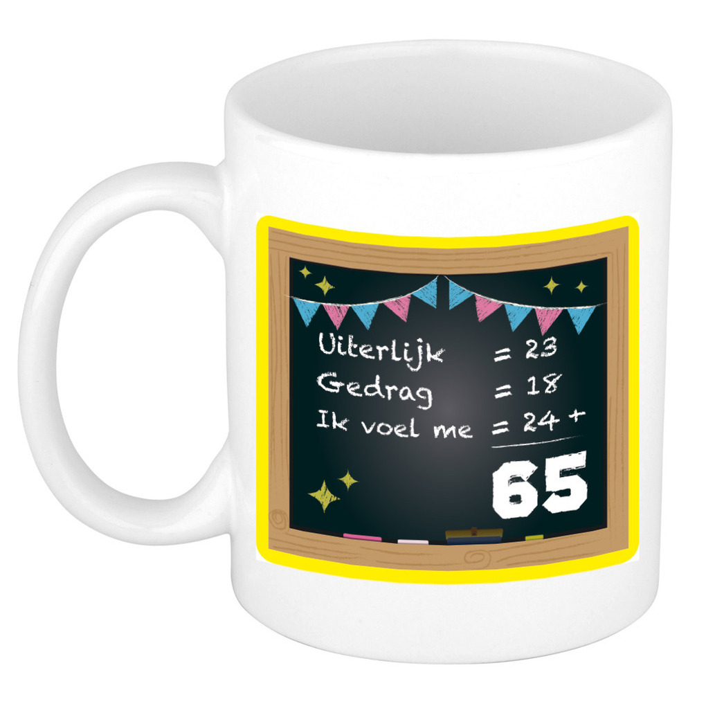 Verjaardag cadeau mok 65 jaar - geel - rekenen - 300 ml - keramiek -